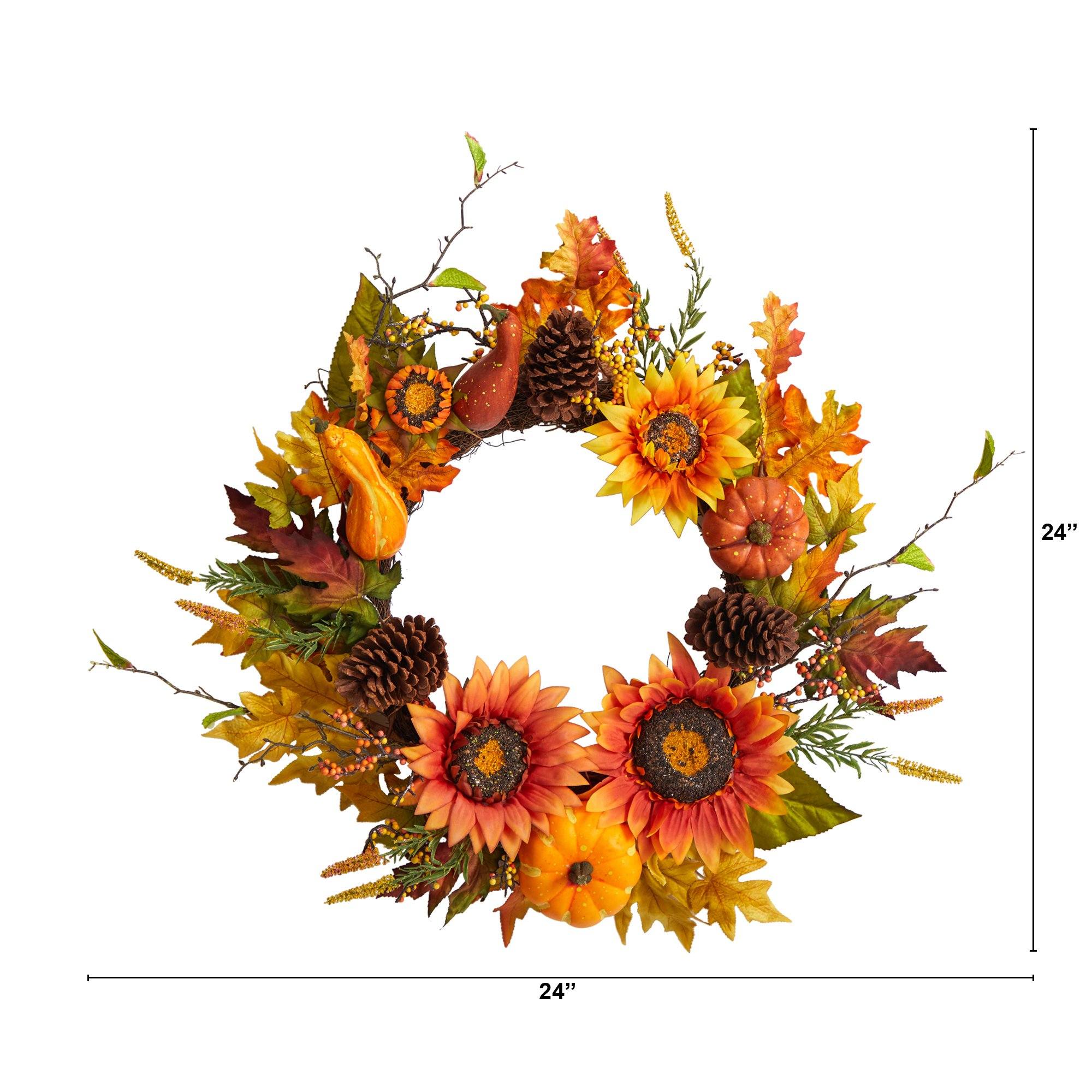 24” Fall Sunflower, Pumpkin, Gourds, Pinecone and Berries Autumn Artificial Wreath - Image 4