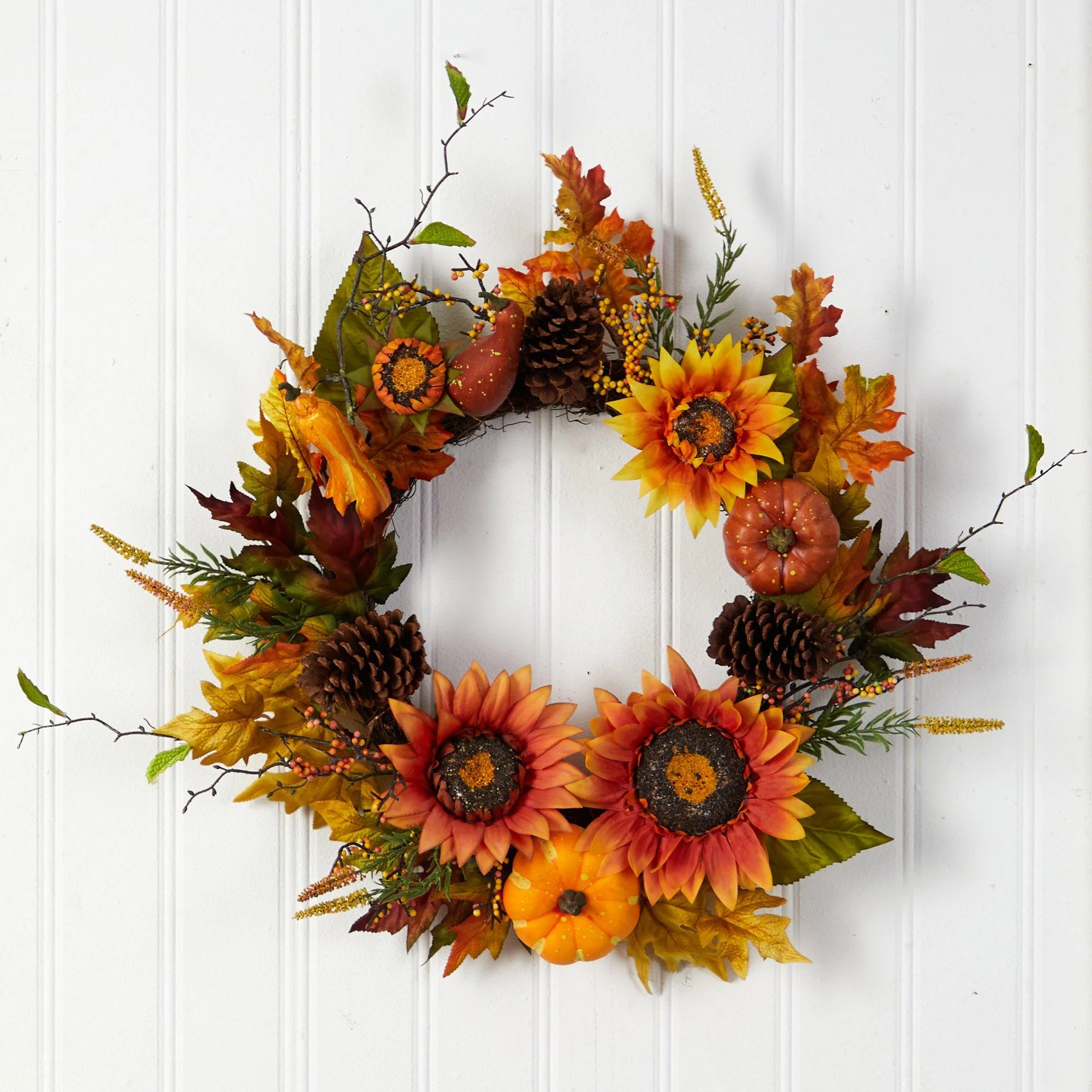 24” Fall Sunflower, Pumpkin, Gourds, Pinecone and Berries Autumn Artificial Wreath - Image 5
