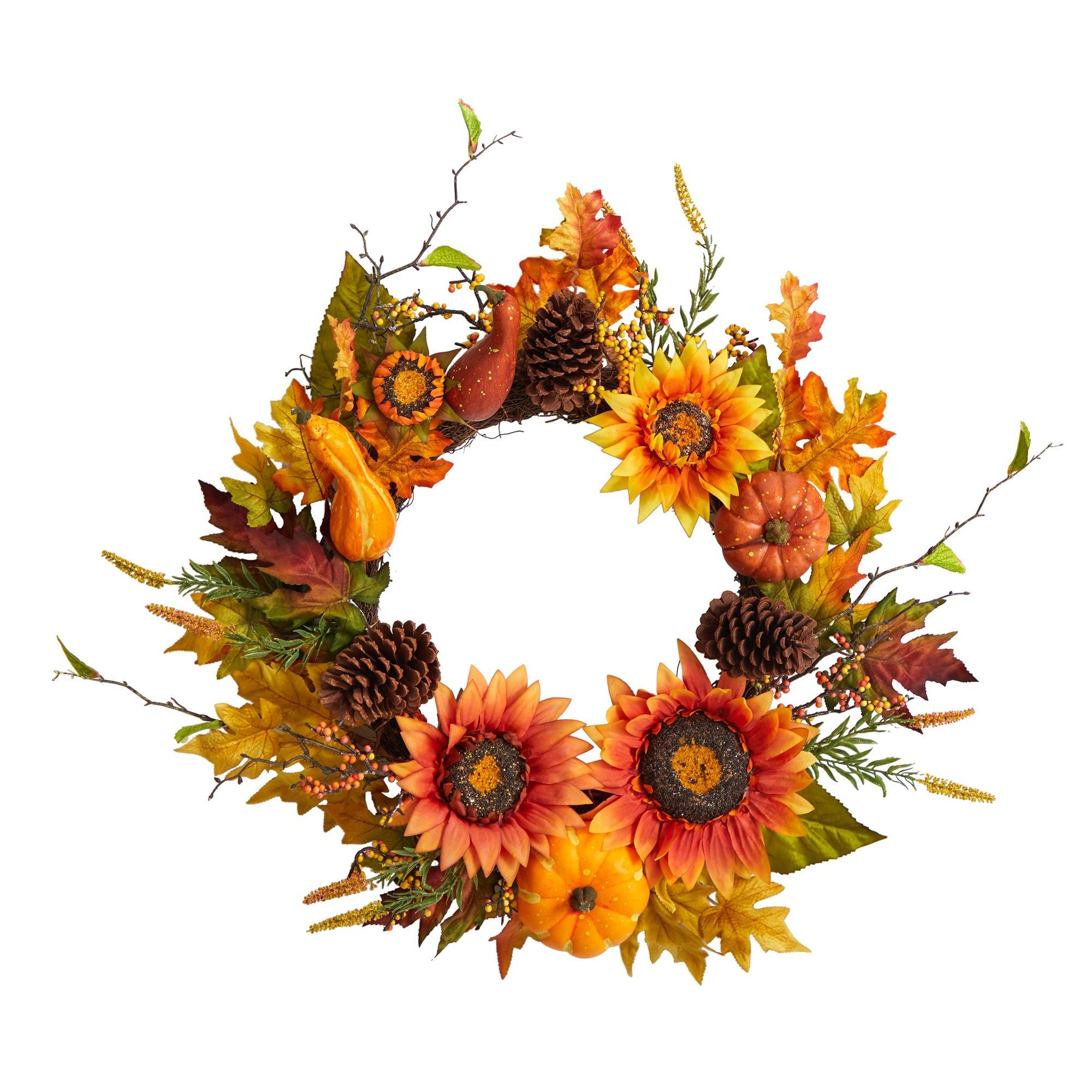 24” Fall Sunflower, Pumpkin, Gourds, Pinecone and Berries Autumn Artificial Wreath - Image 6
