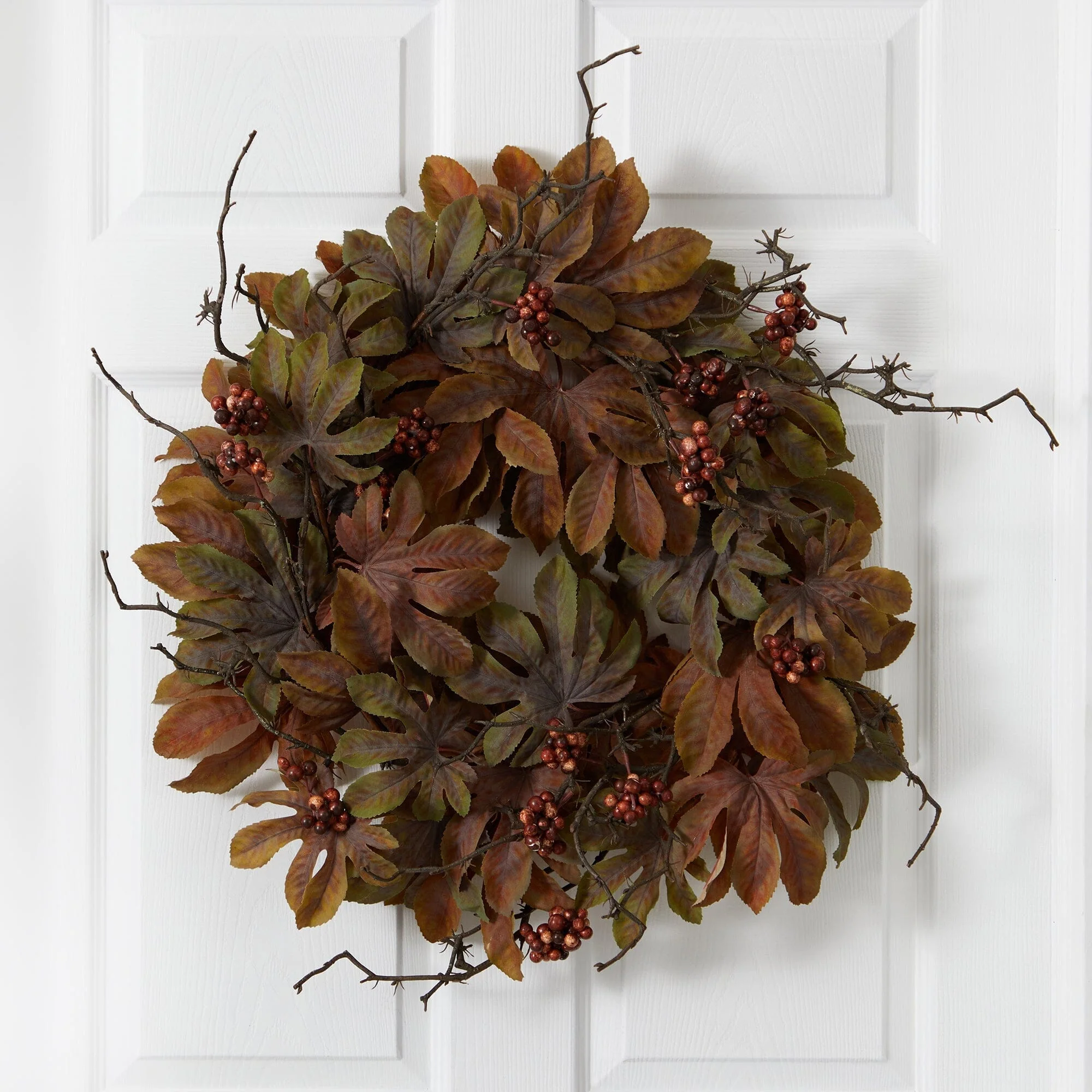 24” Fatsia with Berries Autumn Artificial Wreath - Image 2