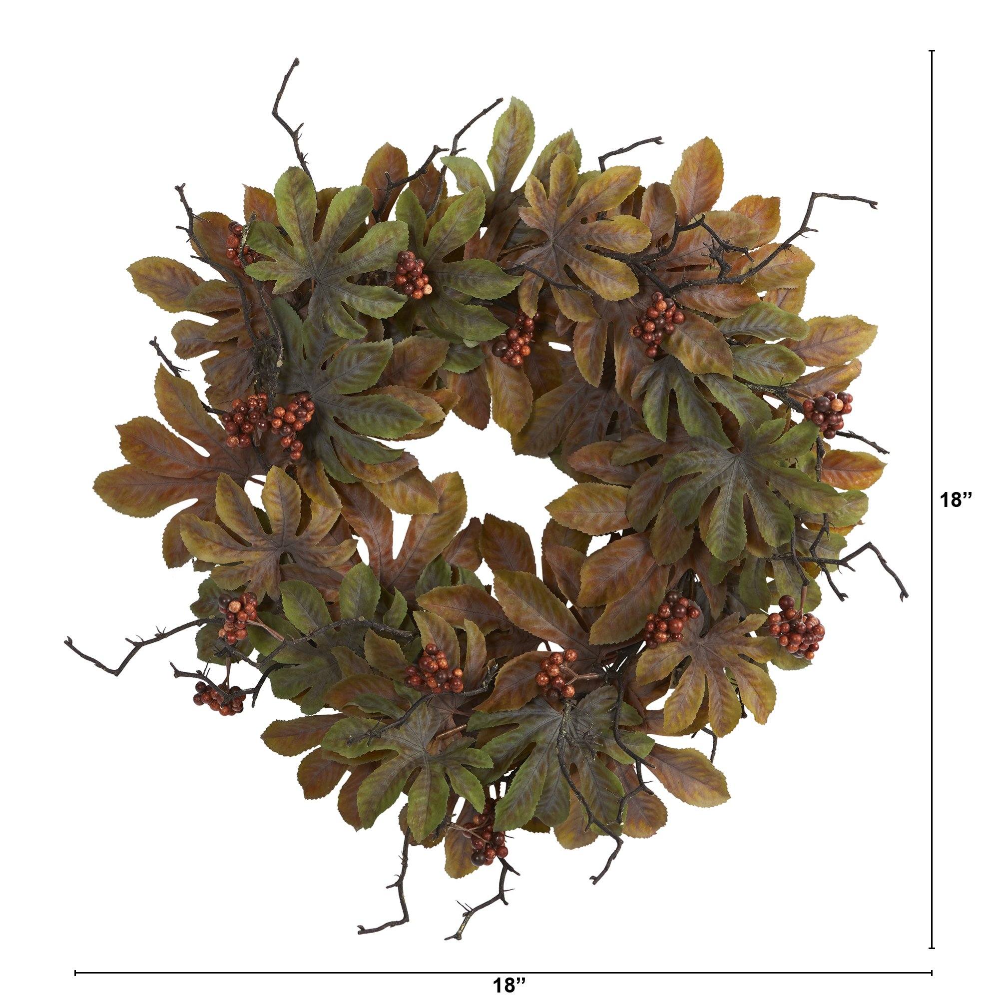 24” Fatsia with Berries Autumn Artificial Wreath - Image 3