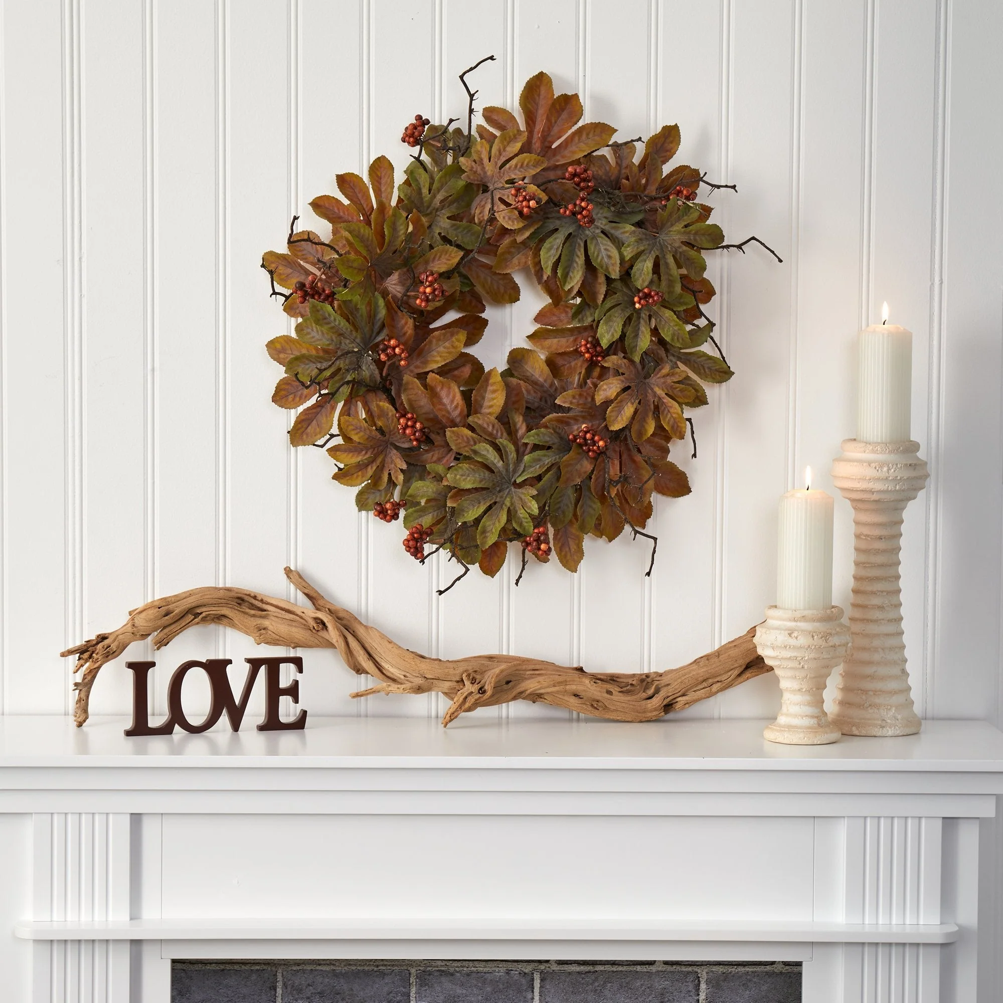 24” Fatsia with Berries Autumn Artificial Wreath - Image 4
