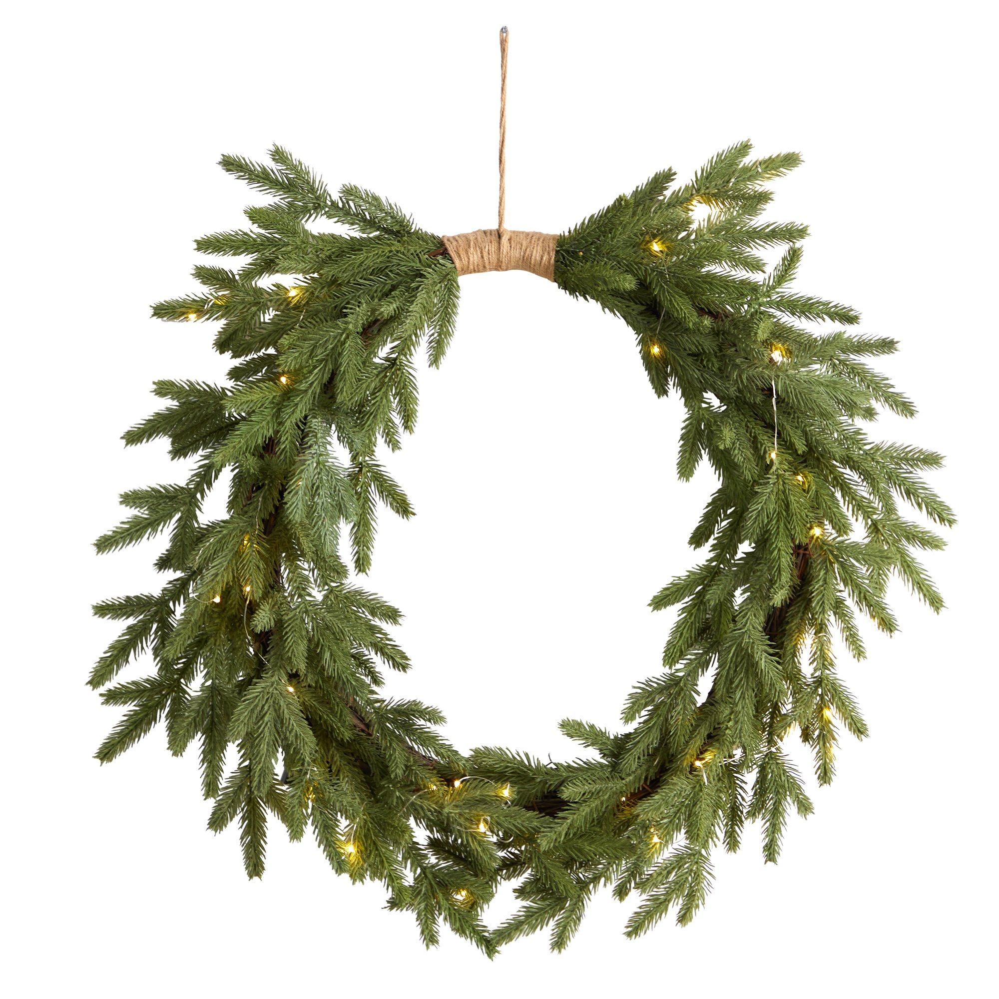 24" Holiday Christmas Pre-Lit Cascading Pine Wreath - Image 4