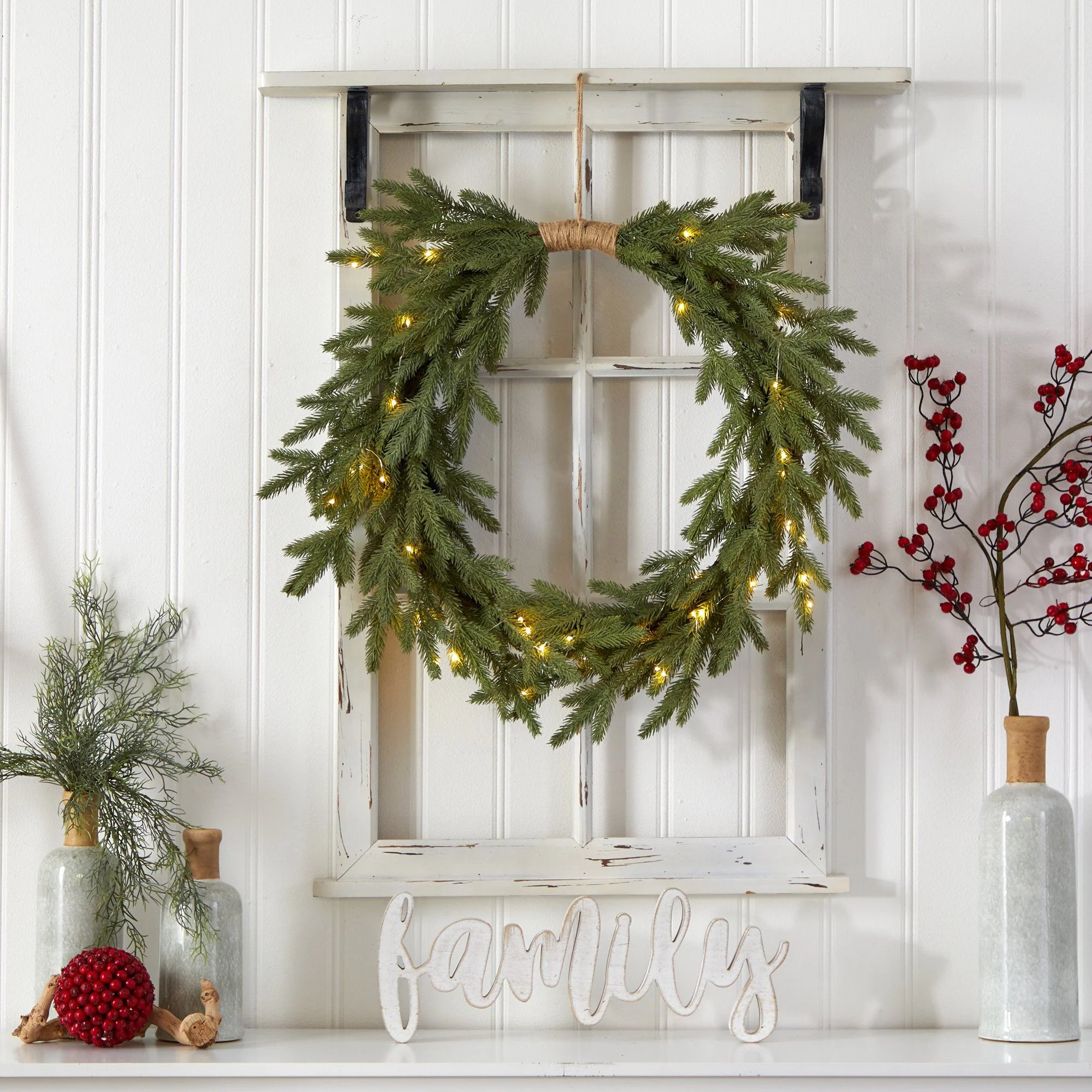 24" Holiday Christmas Pre-Lit Cascading Pine Wreath - Image 5