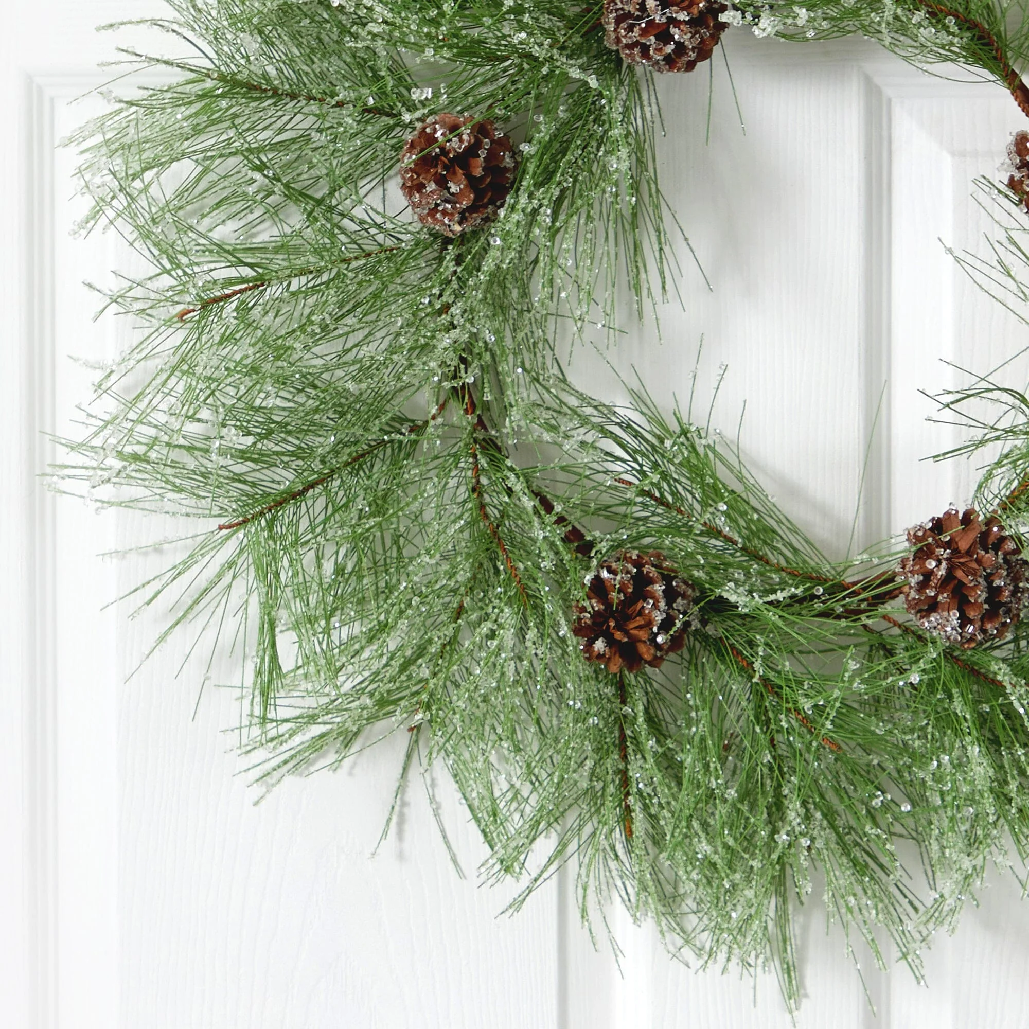 24” Iced Pine Artificial Wreath with Pine Cones - Image 2