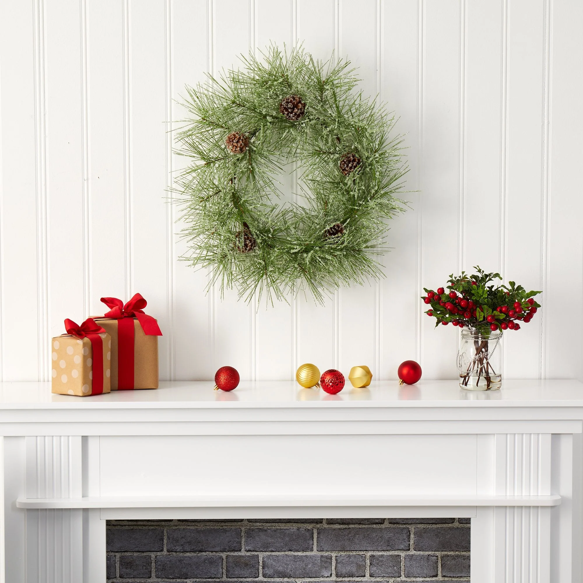 24” Iced Pine Artificial Wreath with Pine Cones - Image 4