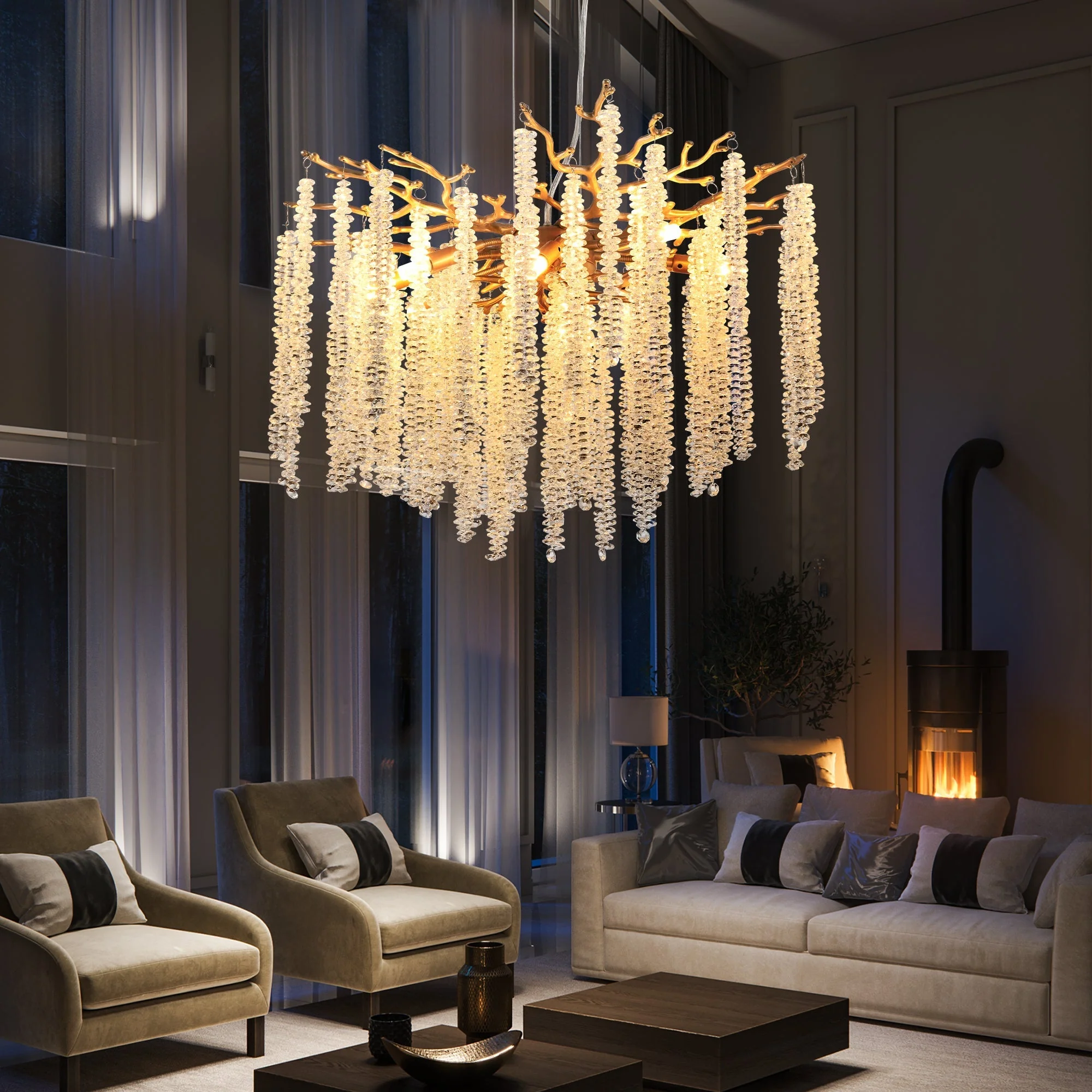 24-inch Modern Golden Pendant Light with Cascading Crystal Strands - Image 3