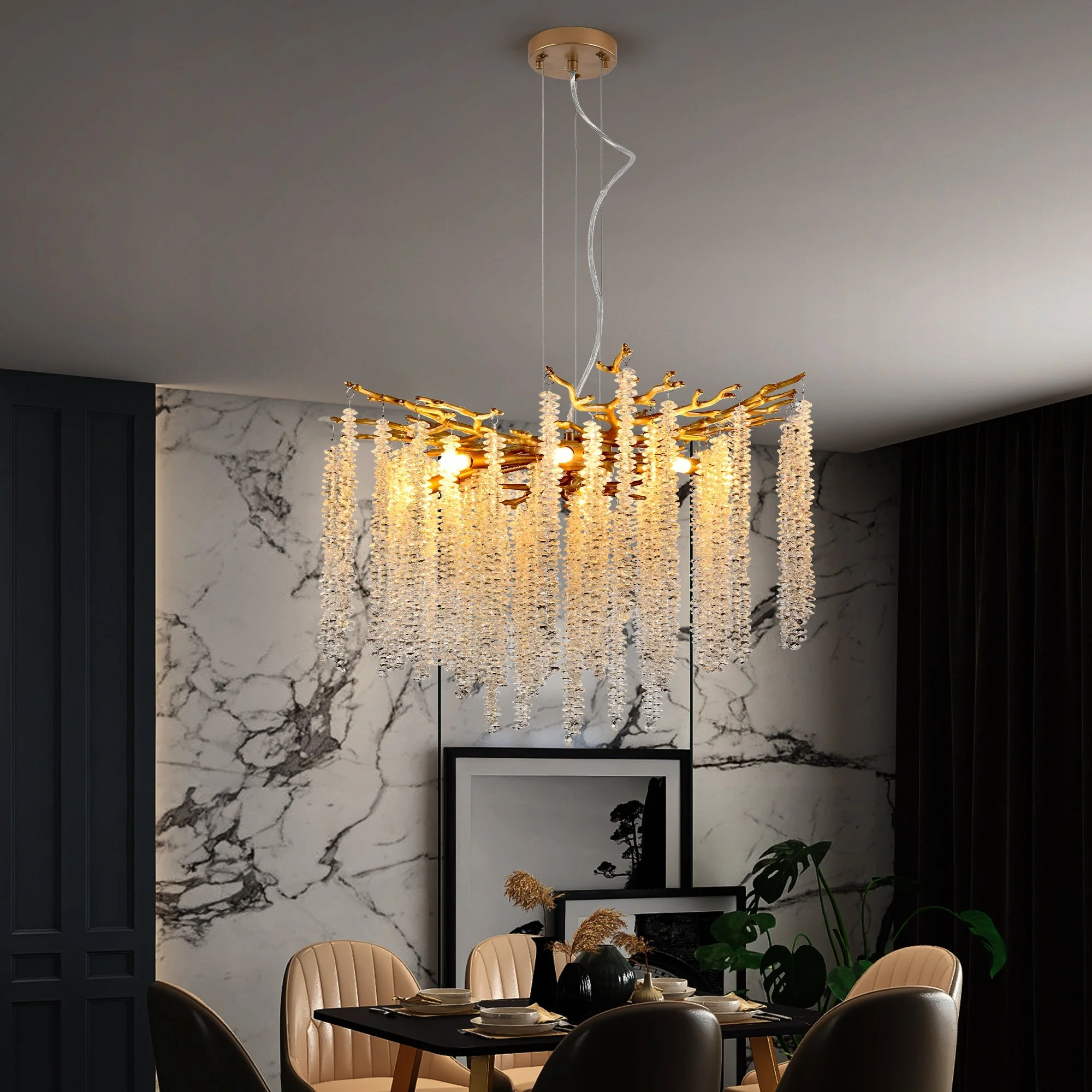 24-inch Modern Golden Pendant Light with Cascading Crystal Strands - Image 4