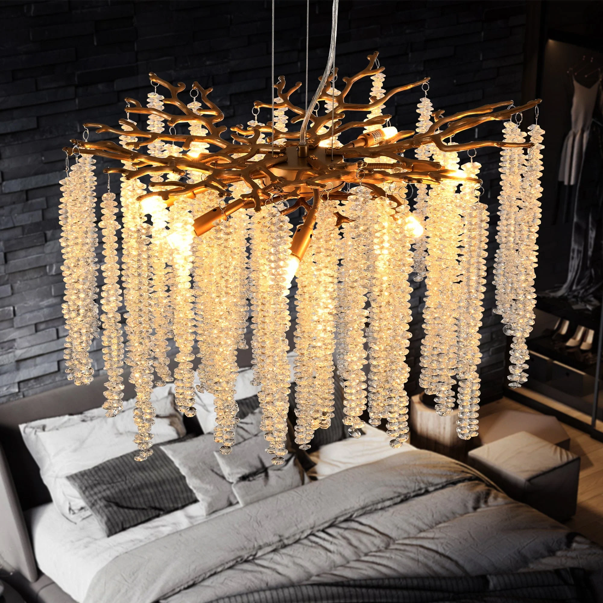 24-inch Modern Golden Pendant Light with Cascading Crystal Strands - Image 5