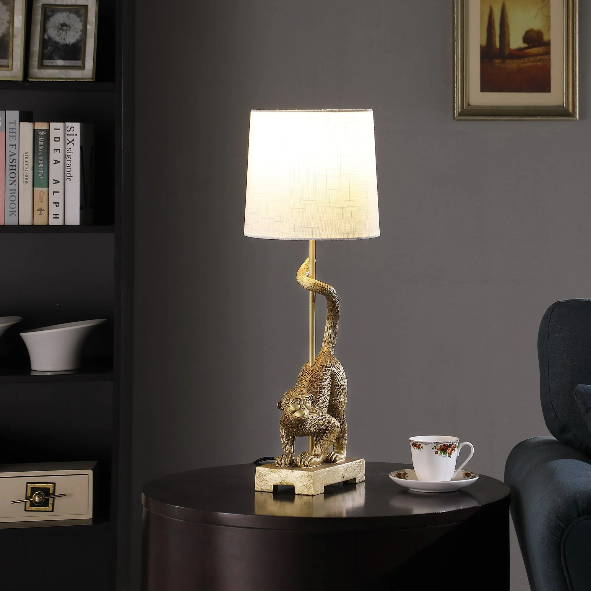24-Inch Old World Gold Capuchin Monkey Polyresin Table Lamp - Image 2