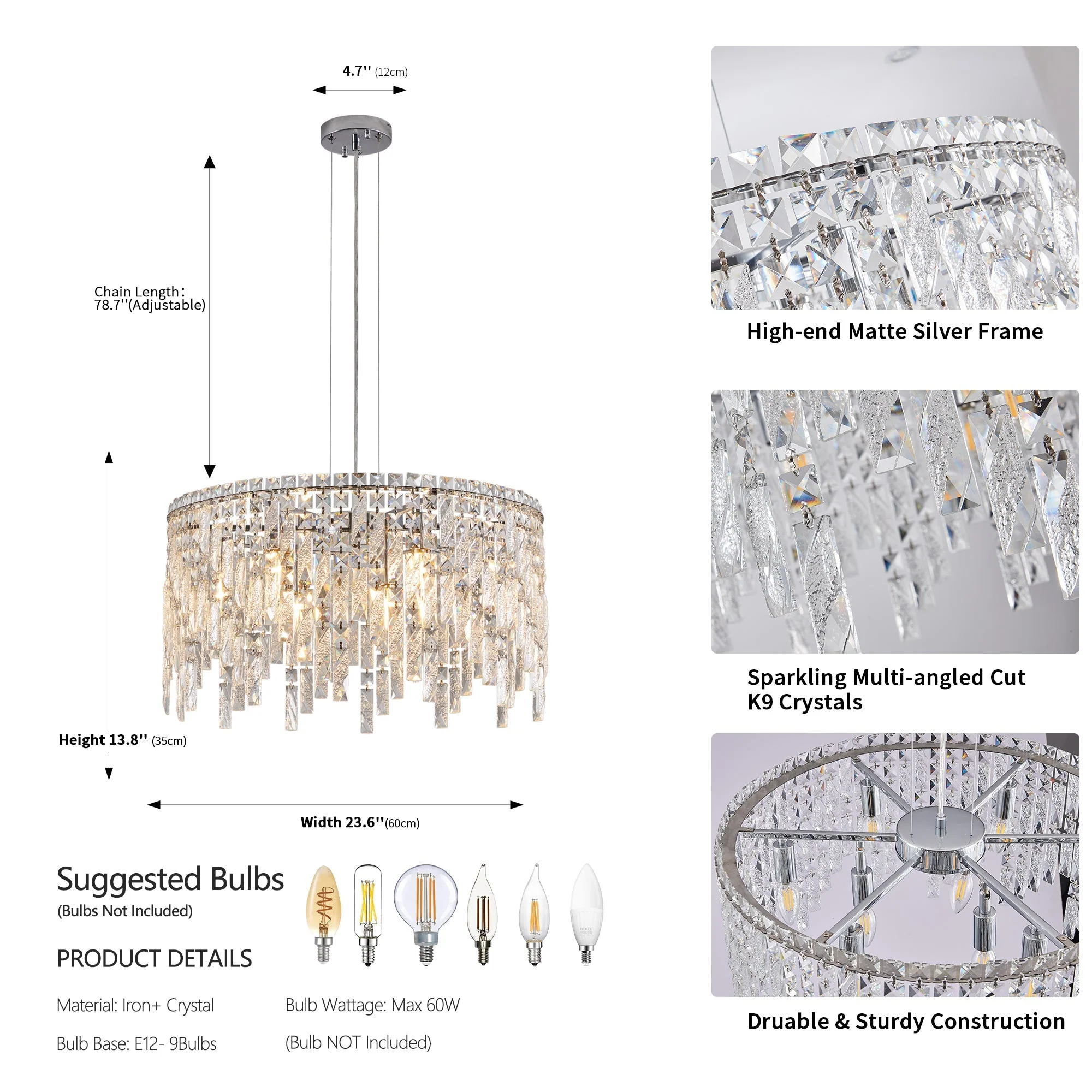 24" Luxurious Round Silver Crystal Chandelier - Image 2