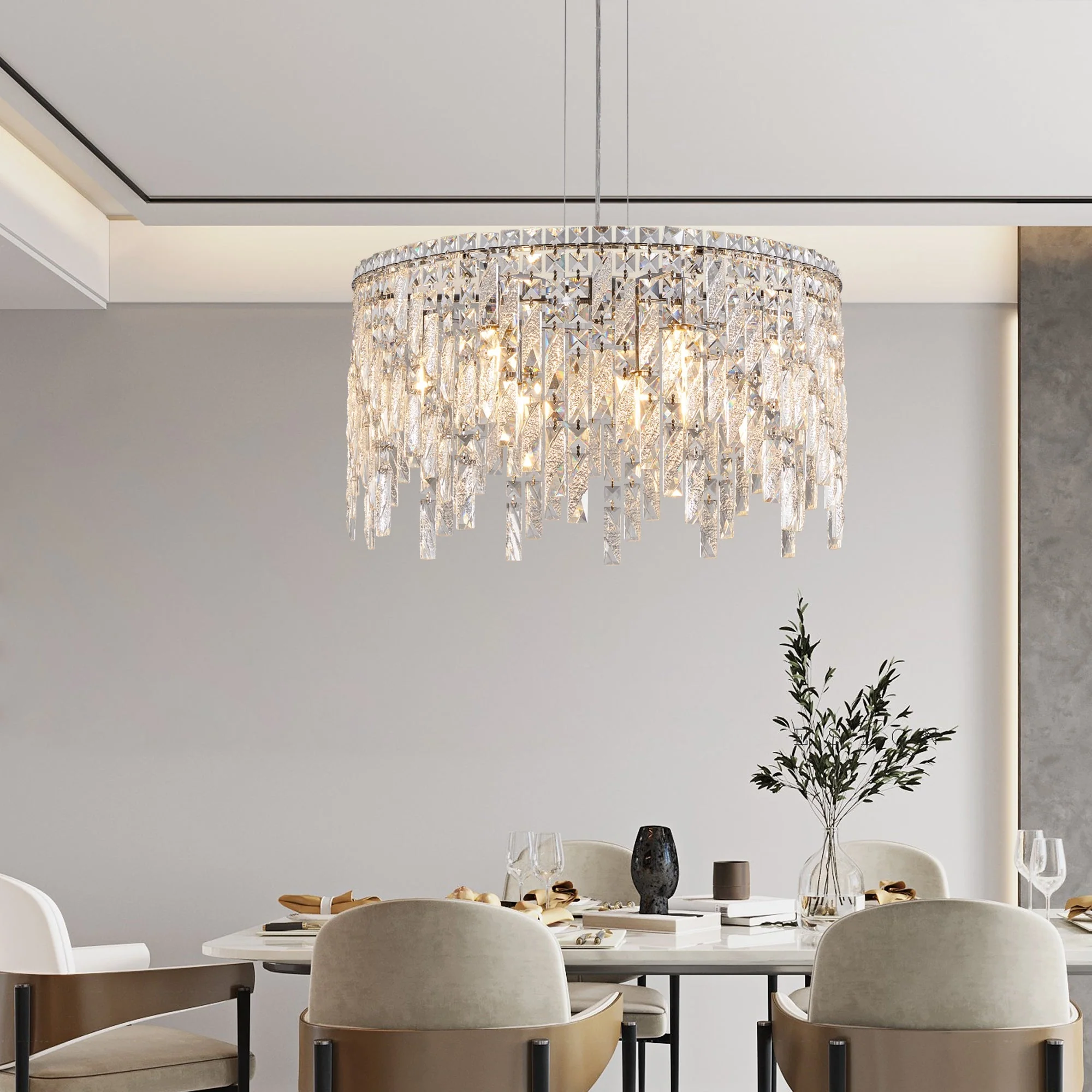 24" Luxurious Round Silver Crystal Chandelier - Image 4