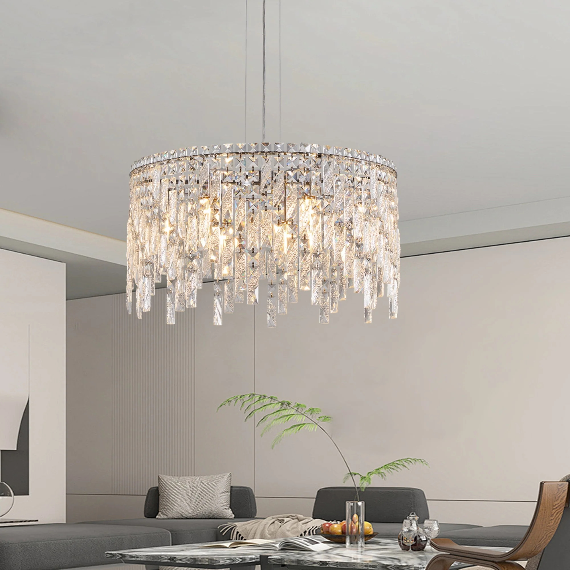 24" Luxurious Round Silver Crystal Chandelier - Image 5