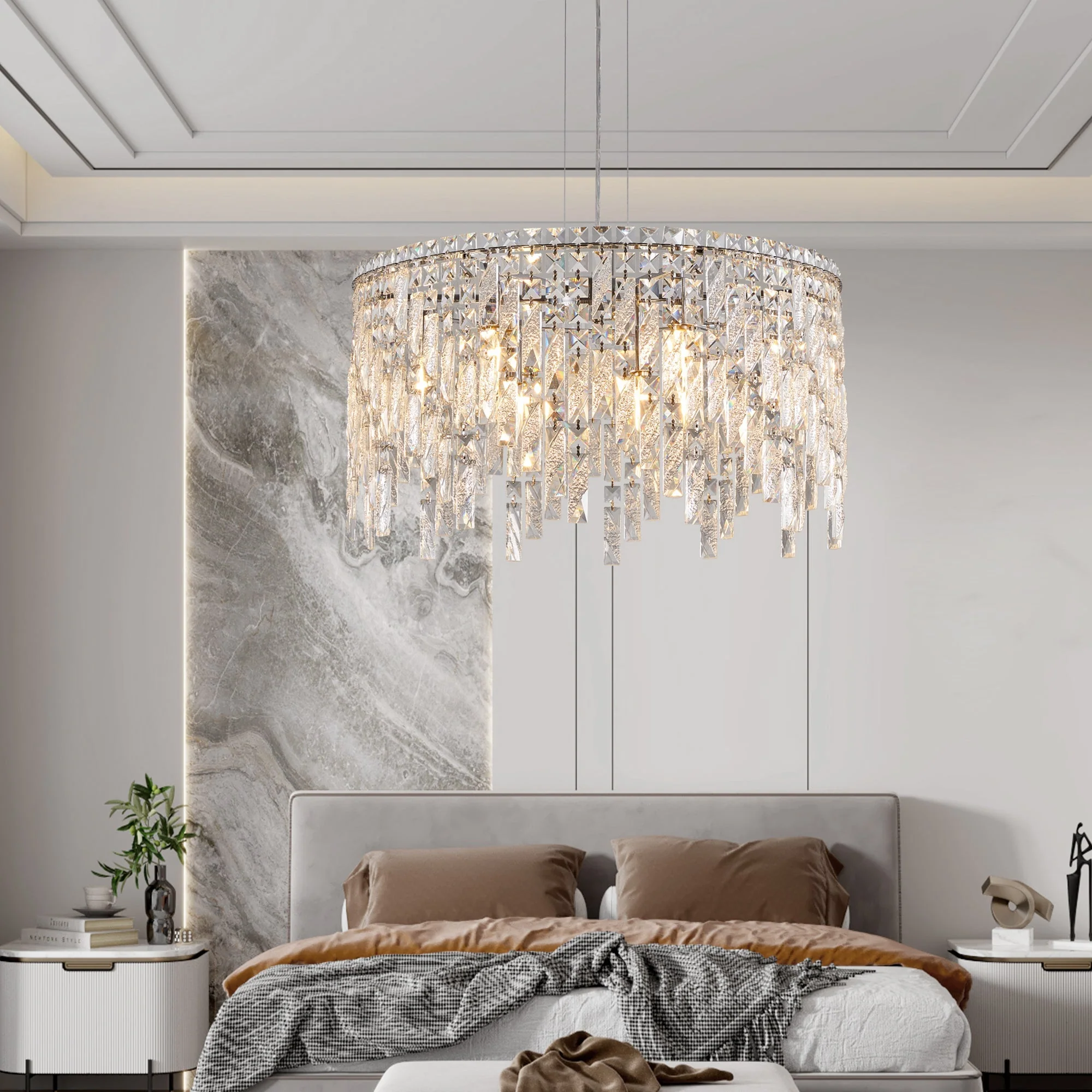24" Luxurious Round Silver Crystal Chandelier - Image 6