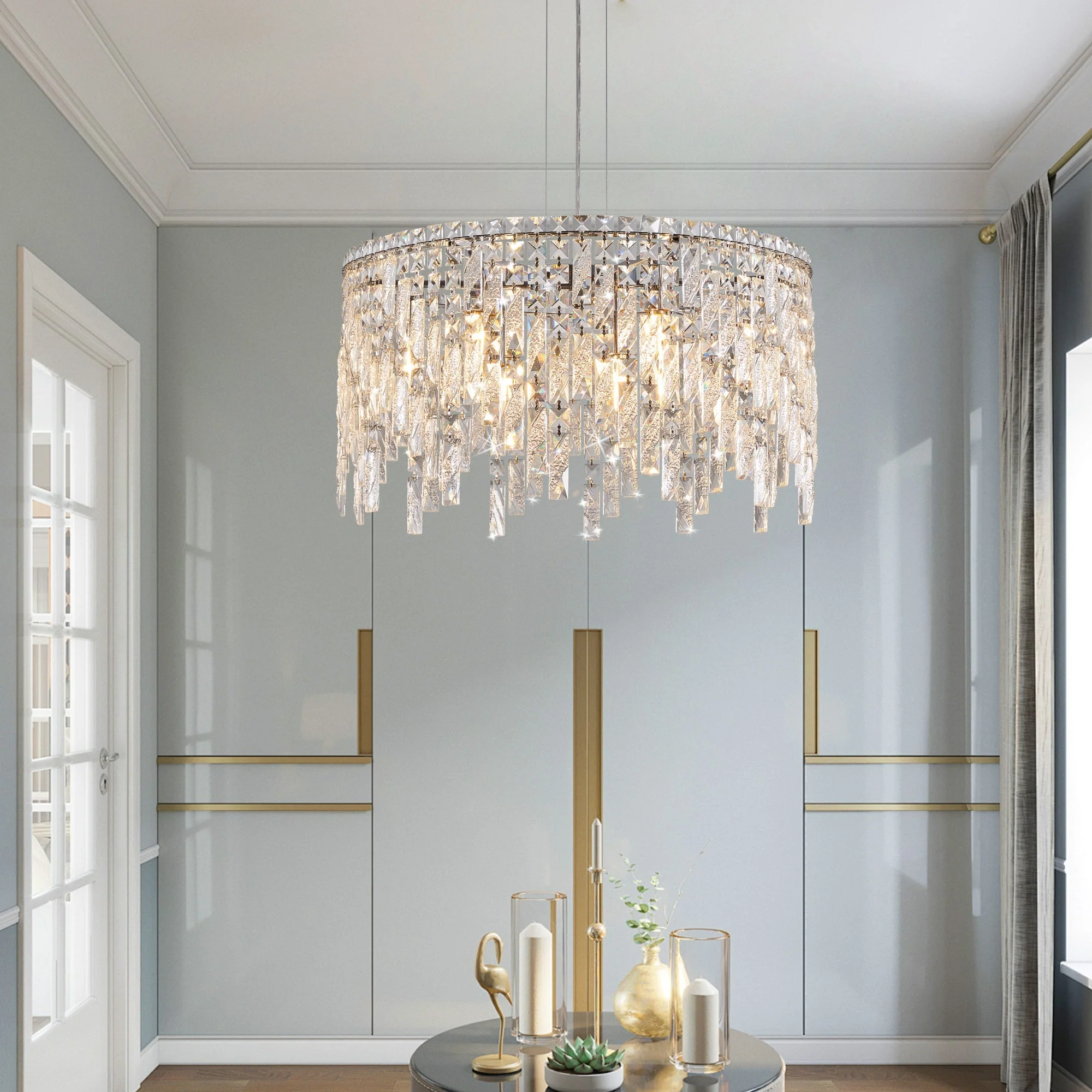 24" Luxurious Round Silver Crystal Chandelier - Image 7