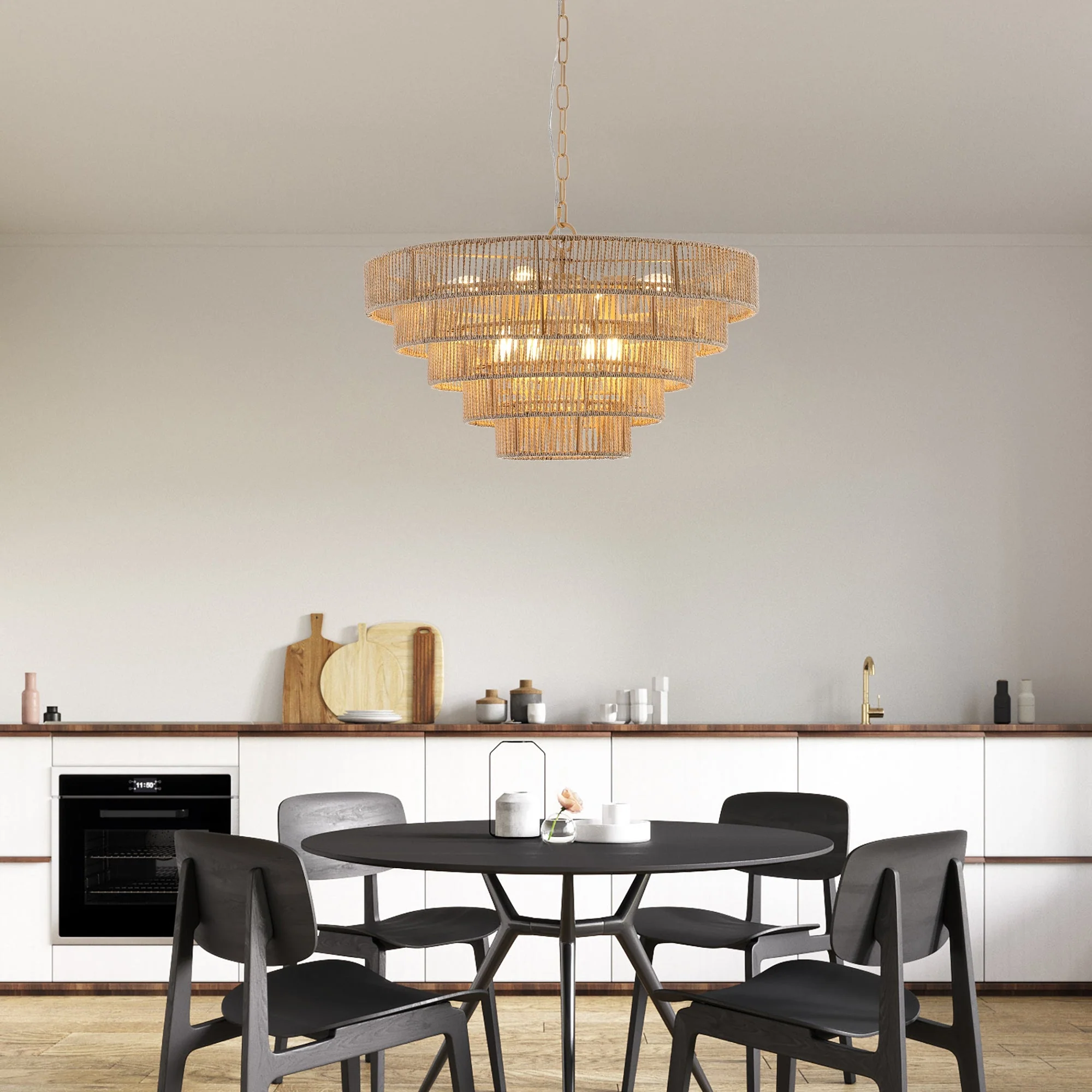 24' Modern 5-Layer Woven Hemp Rope Chandelier, Boho Style Pendant Light, Elegant Hanging Light Fixture for Living Room, Dining Room, Bedroom (No Bulbs) - Image 3