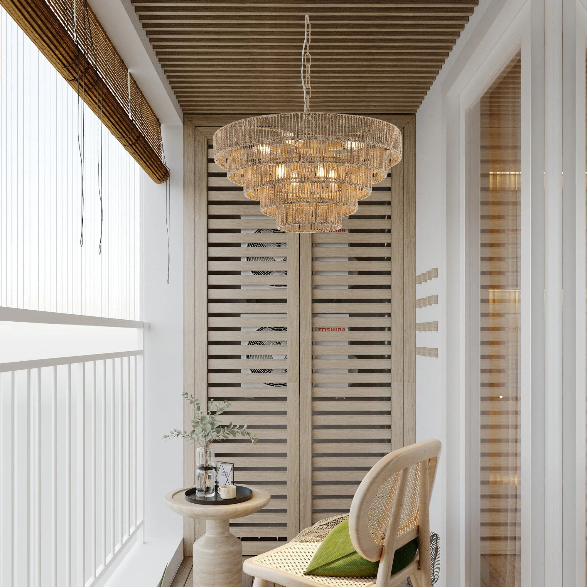 24' Modern 5-Layer Woven Hemp Rope Chandelier, Boho Style Pendant Light, Elegant Hanging Light Fixture for Living Room, Dining Room, Bedroom (No Bulbs) - Image 5