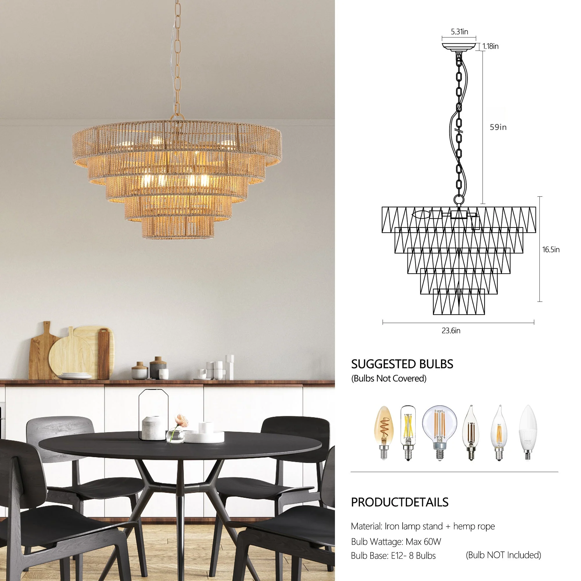 24' Modern 5-Layer Woven Hemp Rope Chandelier, Boho Style Pendant Light, Elegant Hanging Light Fixture for Living Room, Dining Room, Bedroom (No Bulbs) - Image 6