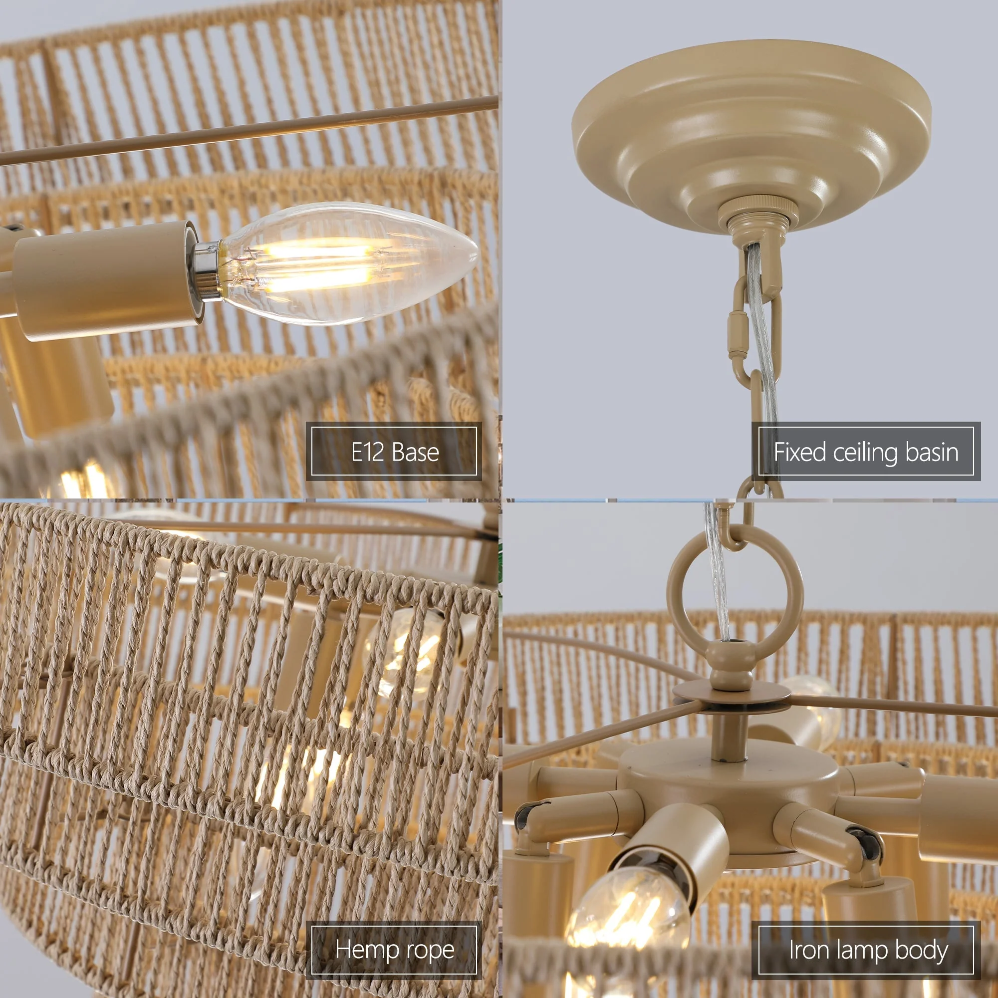 24' Modern 5-Layer Woven Hemp Rope Chandelier, Boho Style Pendant Light, Elegant Hanging Light Fixture for Living Room, Dining Room, Bedroom (No Bulbs) - Image 7