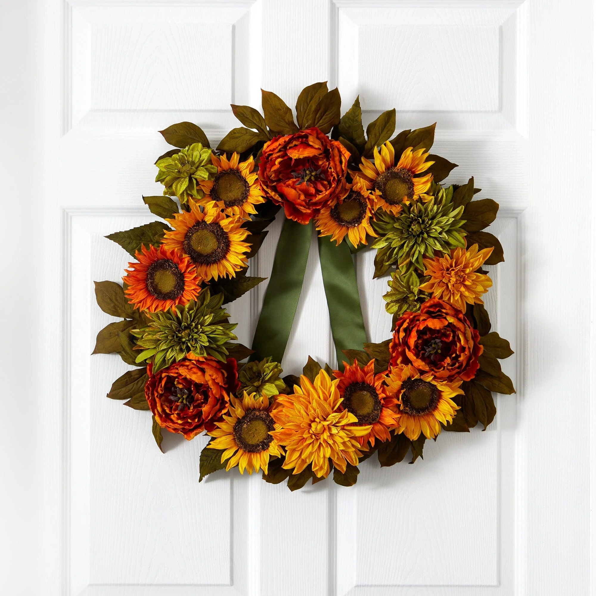 24” Peony, Dahlia and Sunflower Artificial Wreath - Image 2
