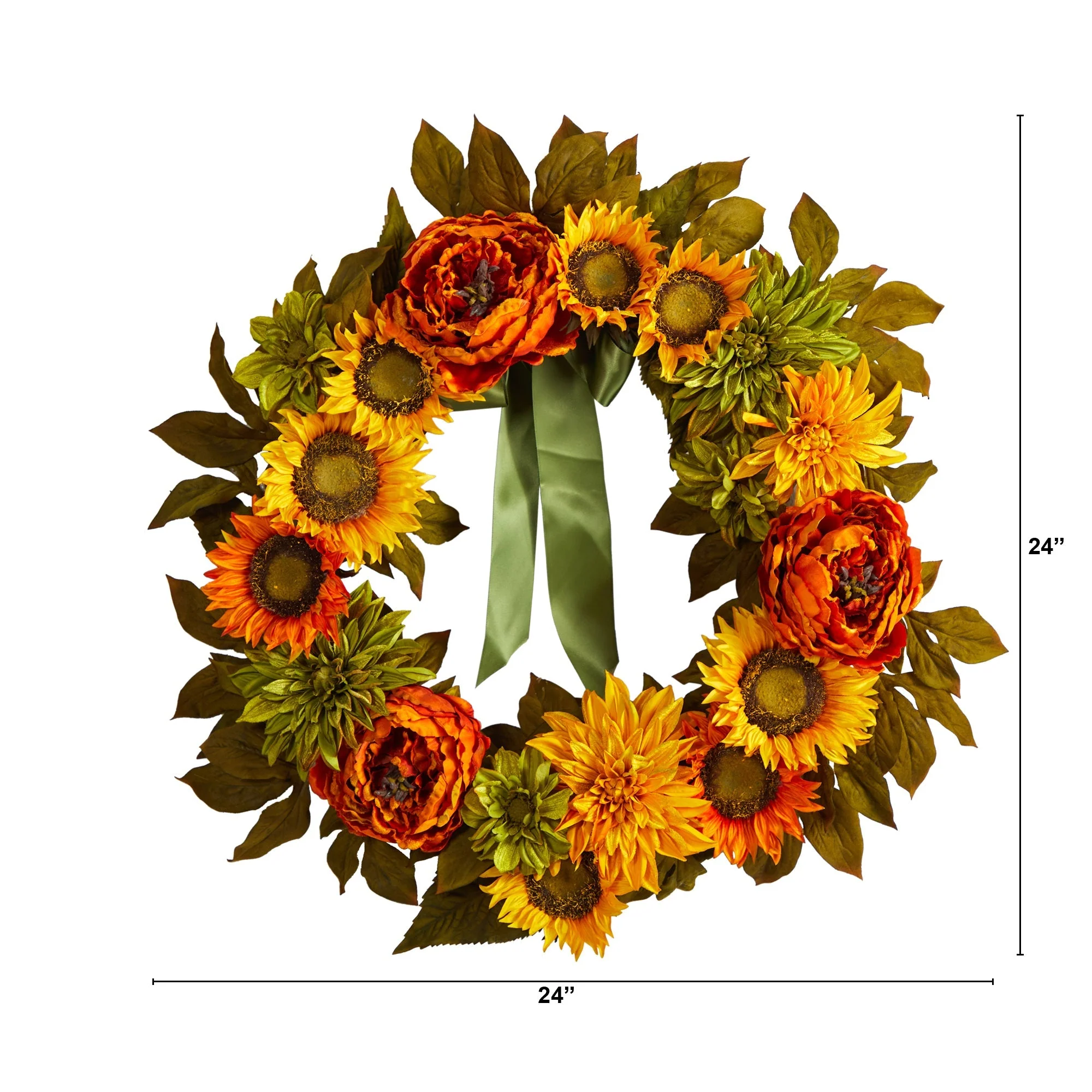 24” Peony, Dahlia and Sunflower Artificial Wreath - Image 3