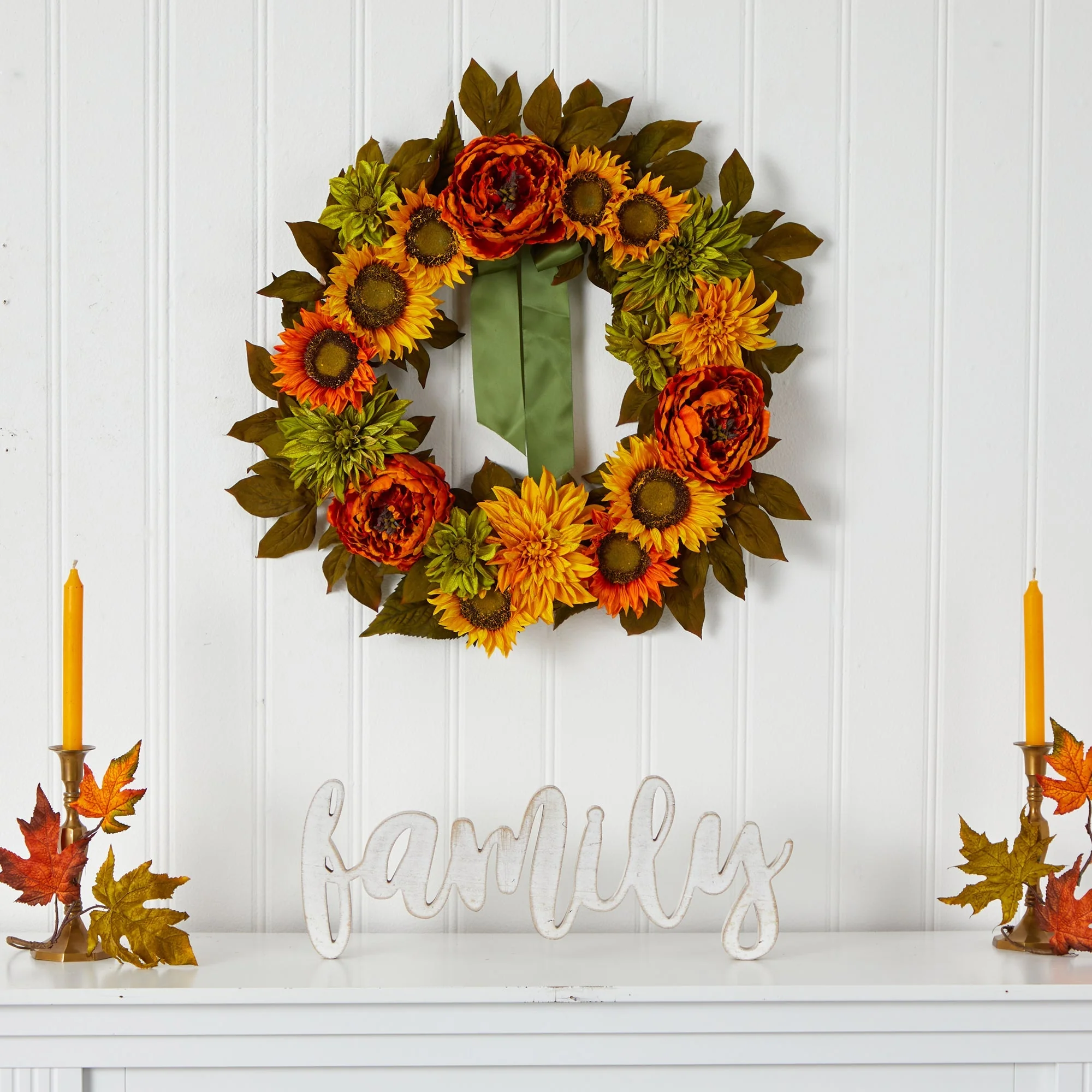 24” Peony, Dahlia and Sunflower Artificial Wreath - Image 4
