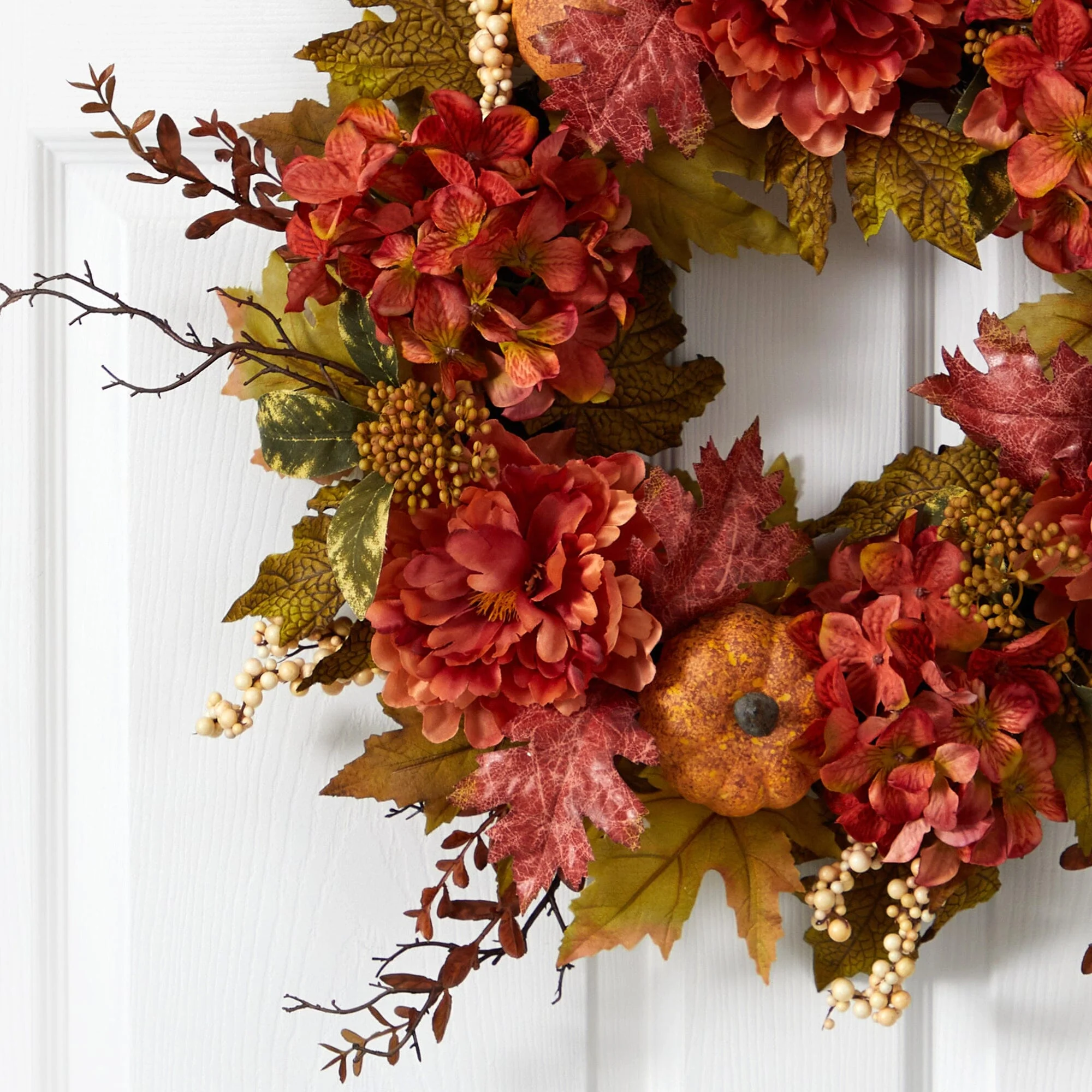 24” Peony, Hydrangea and Pumpkin Fall Artificial Wreath - Image 2