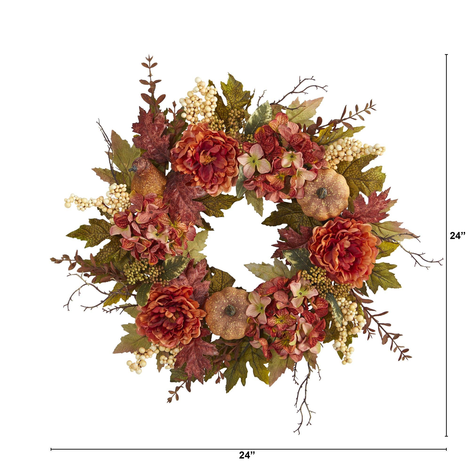 24” Peony, Hydrangea and Pumpkin Fall Artificial Wreath - Image 3