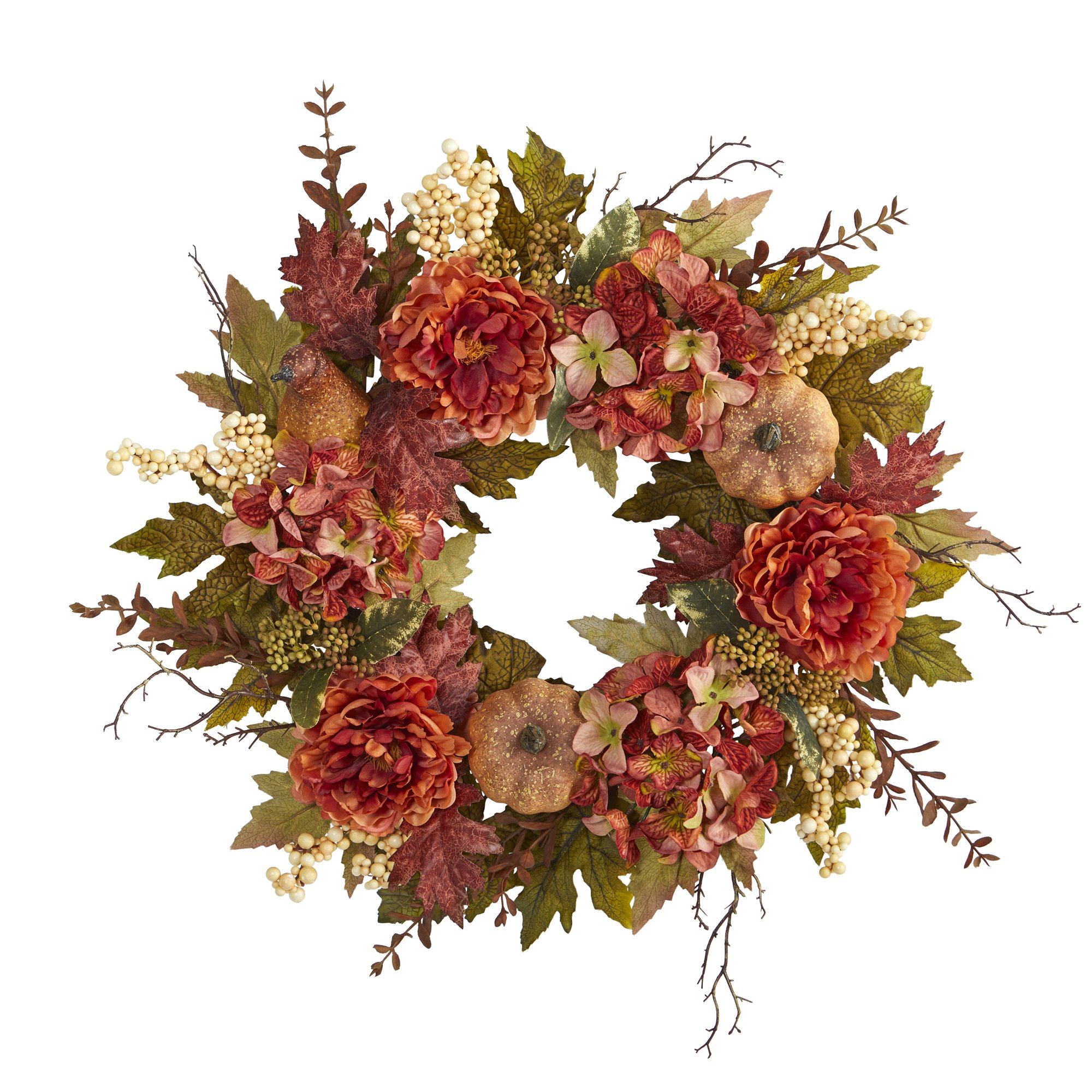 24” Peony, Hydrangea and Pumpkin Fall Artificial Wreath - Image 4
