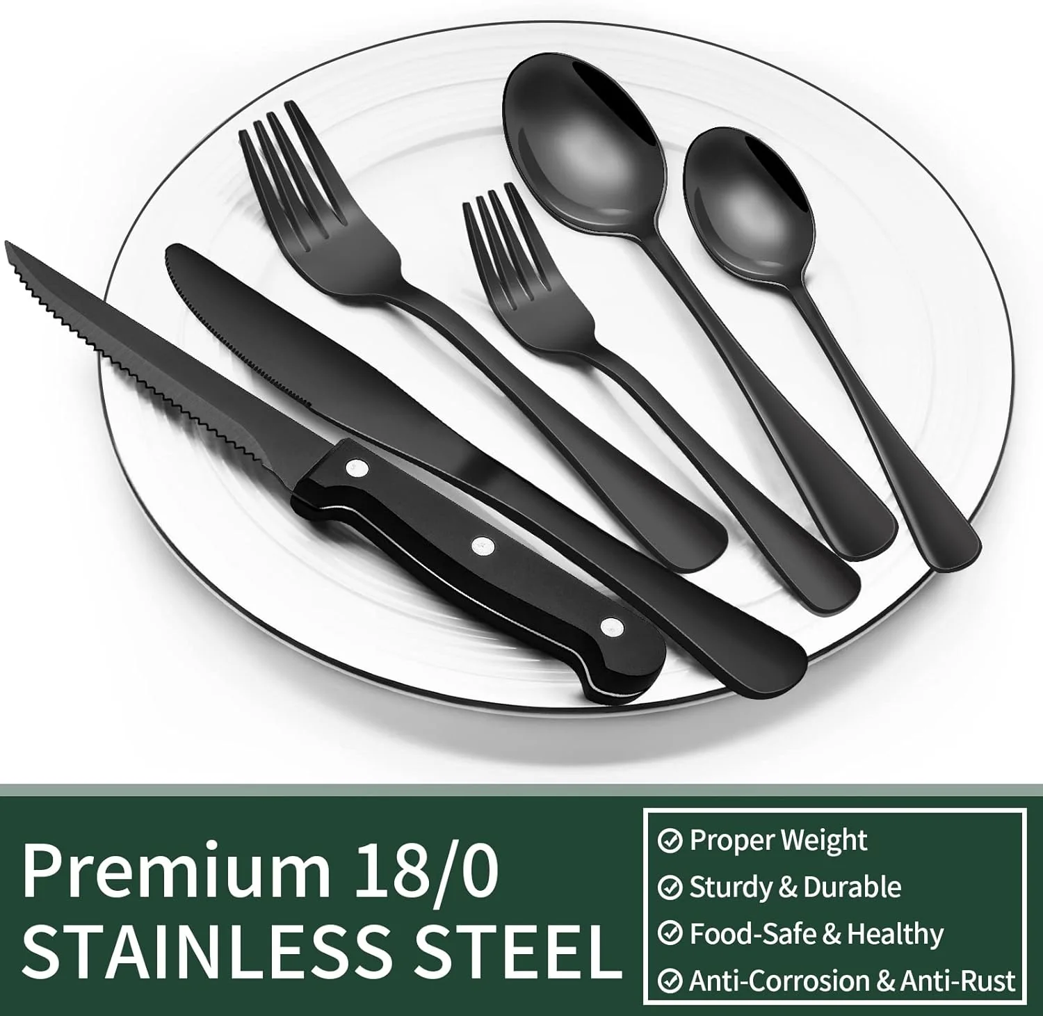 24 Piece Black Stainless Steel Cutlery Set for 4 with Steak Knives - Image 4