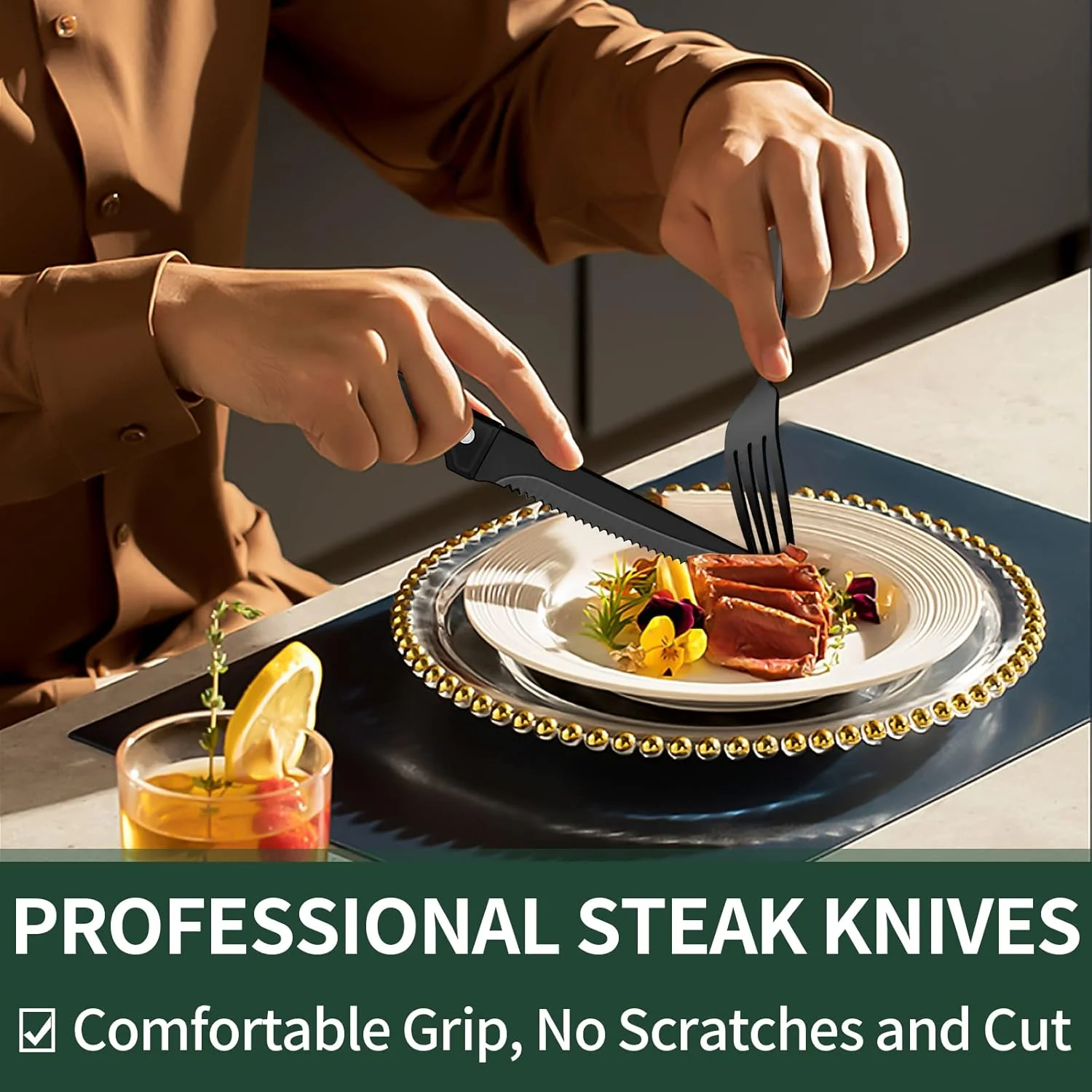 24 Piece Black Stainless Steel Cutlery Set for 4 with Steak Knives - Image 5