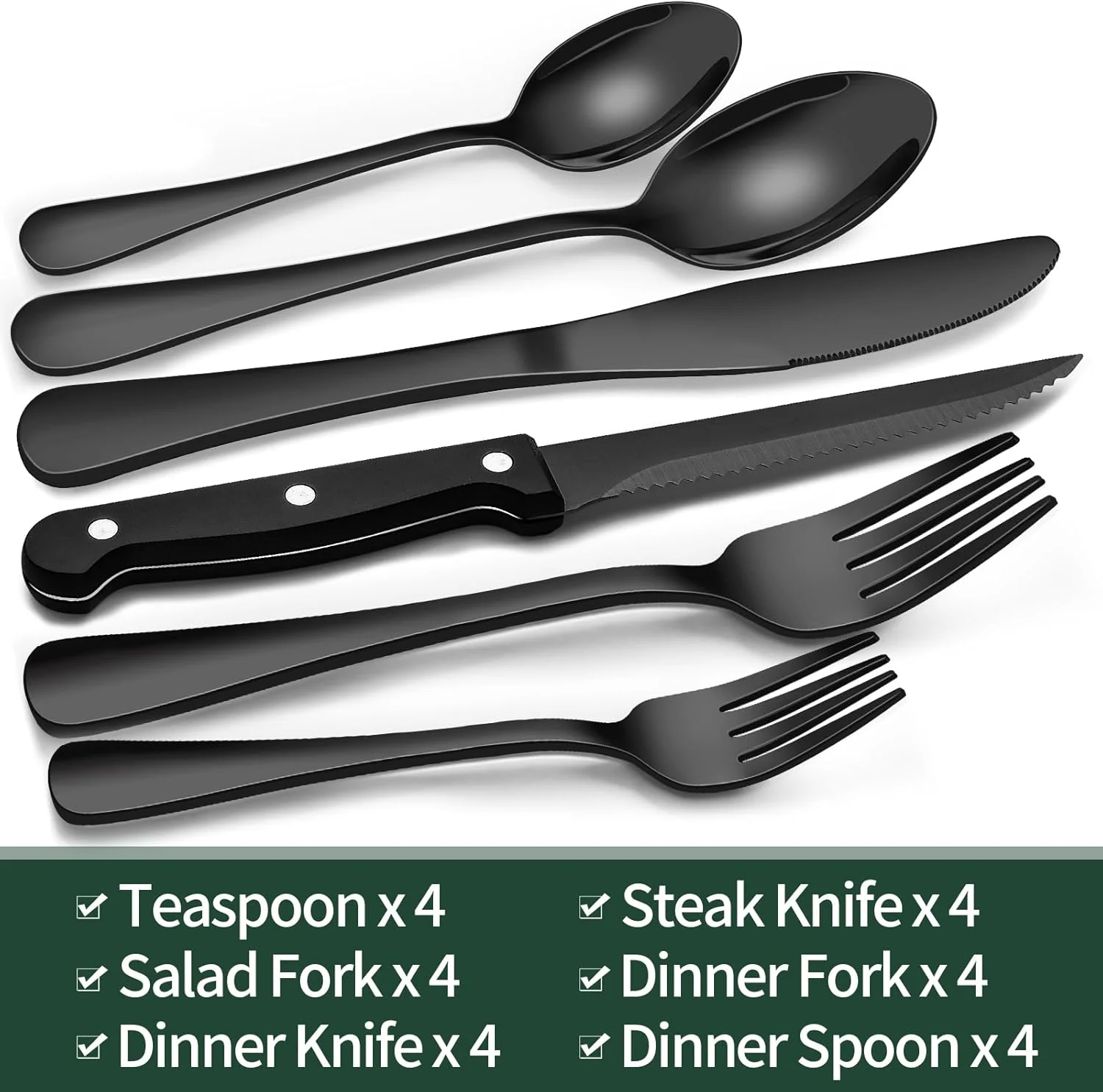 24 Piece Black Stainless Steel Cutlery Set for 4 with Steak Knives - Image 7