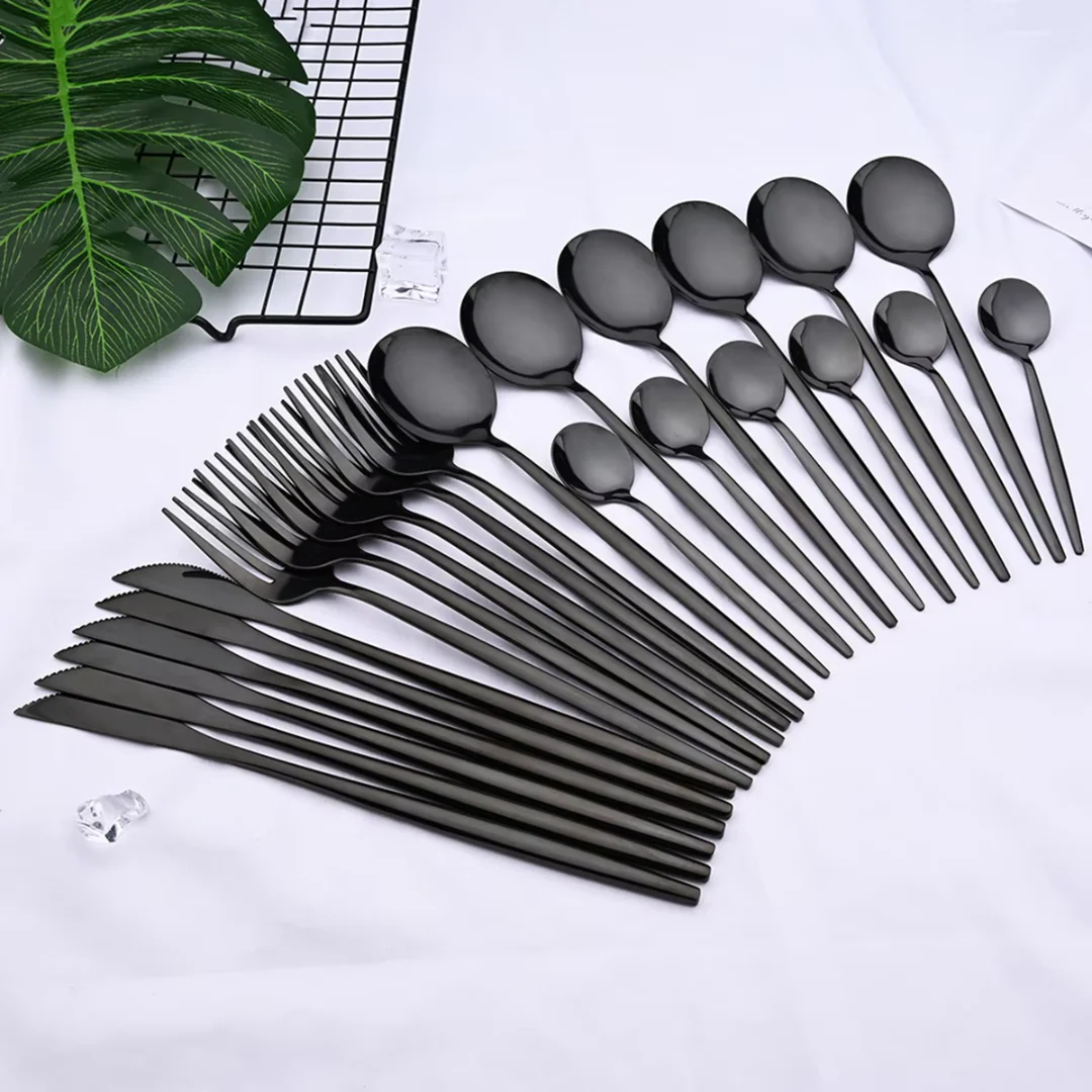 24 Piece Black Stainless Steel Cutlery Set for 4 with Steak Knives - Image 8