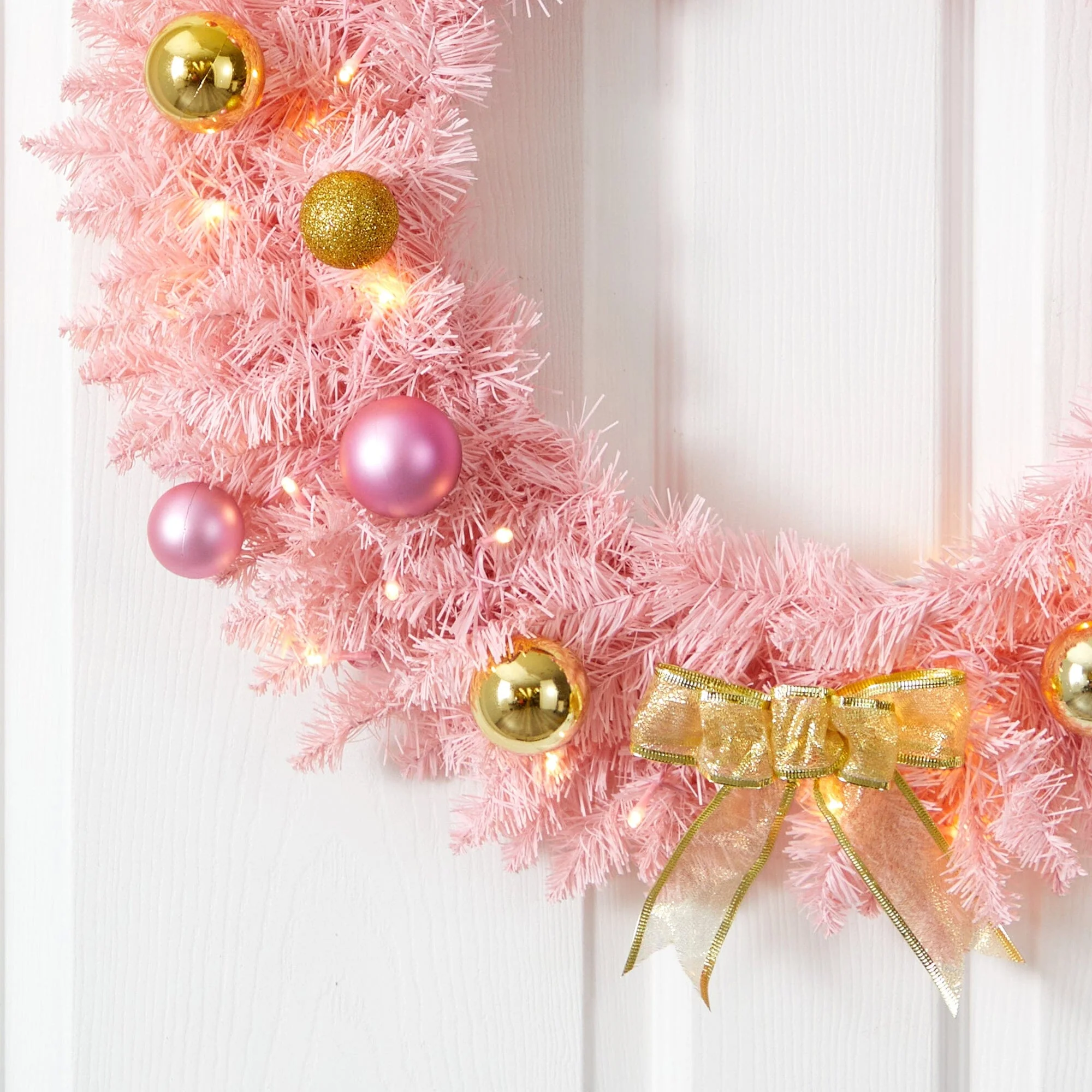 24” Pink Artificial Christmas Wreath with 35 LED Lights and Ornaments - Image 2