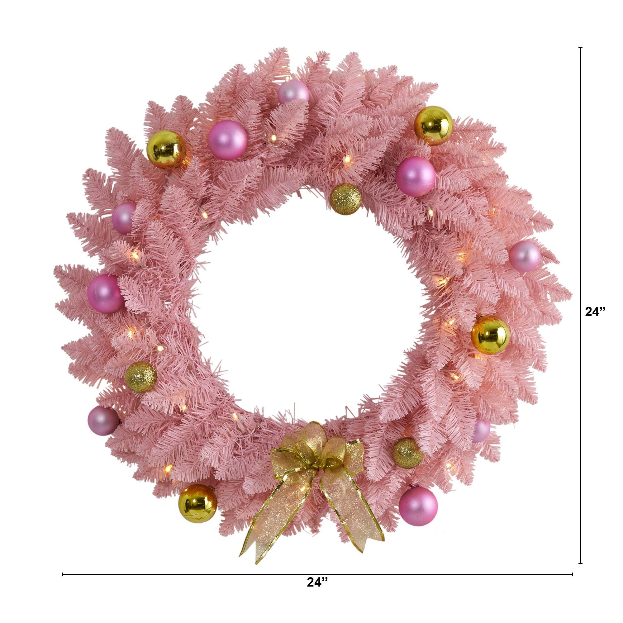 24” Pink Artificial Christmas Wreath with 35 LED Lights and Ornaments - Image 3