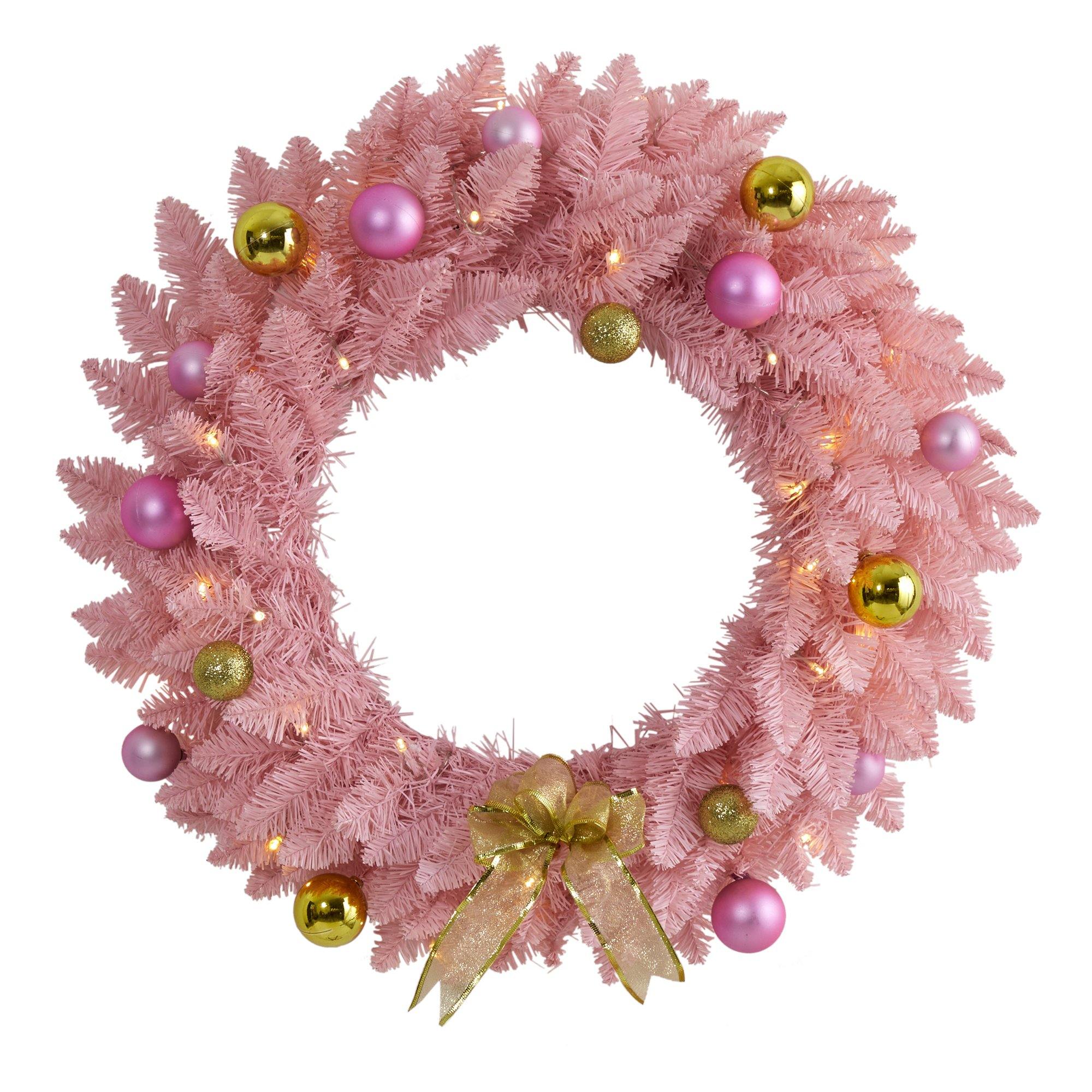 24” Pink Artificial Christmas Wreath with 35 LED Lights and Ornaments - Image 4
