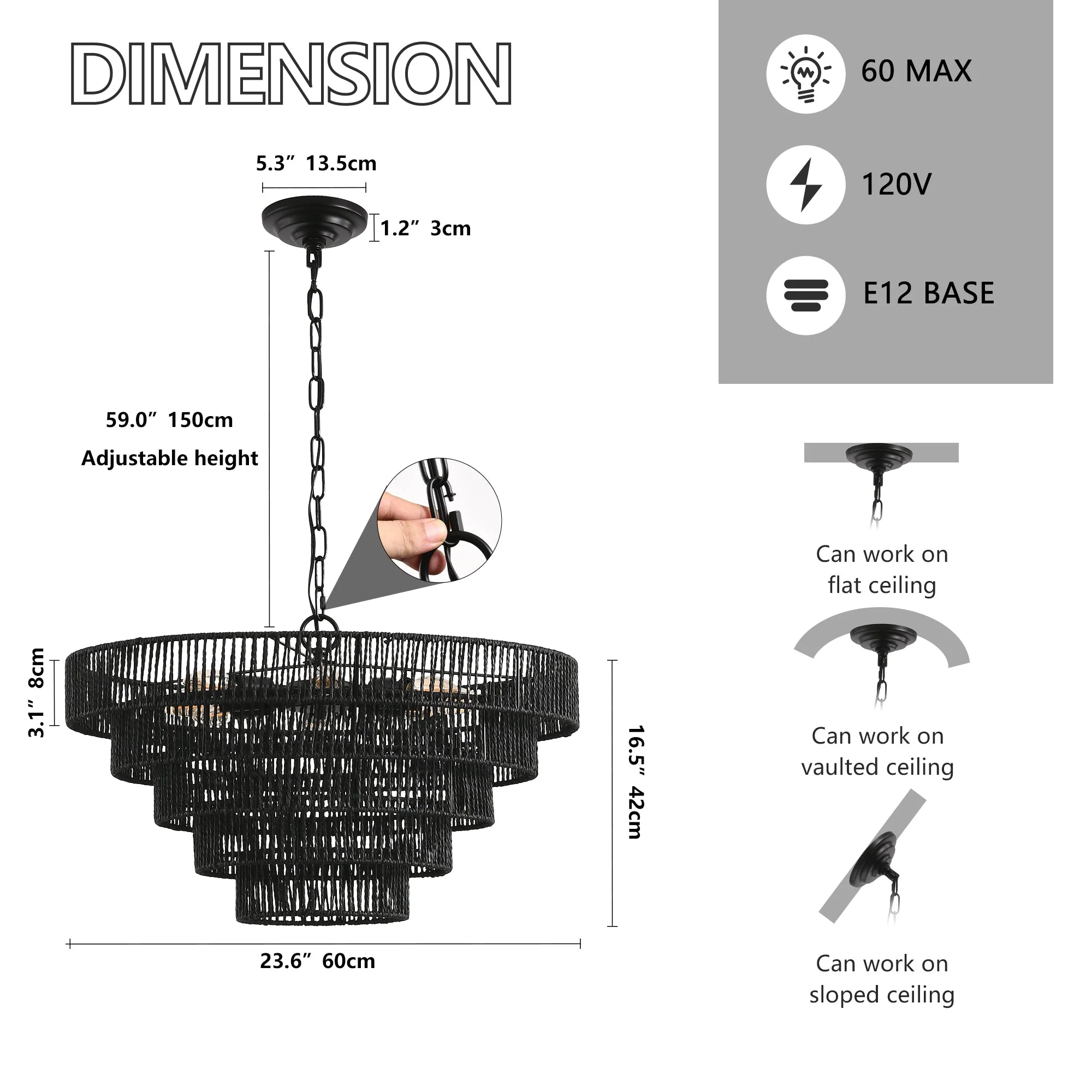 24' Rustic 5-Tier Black Hemp Rope Pendant Light Chandelier - Image 8