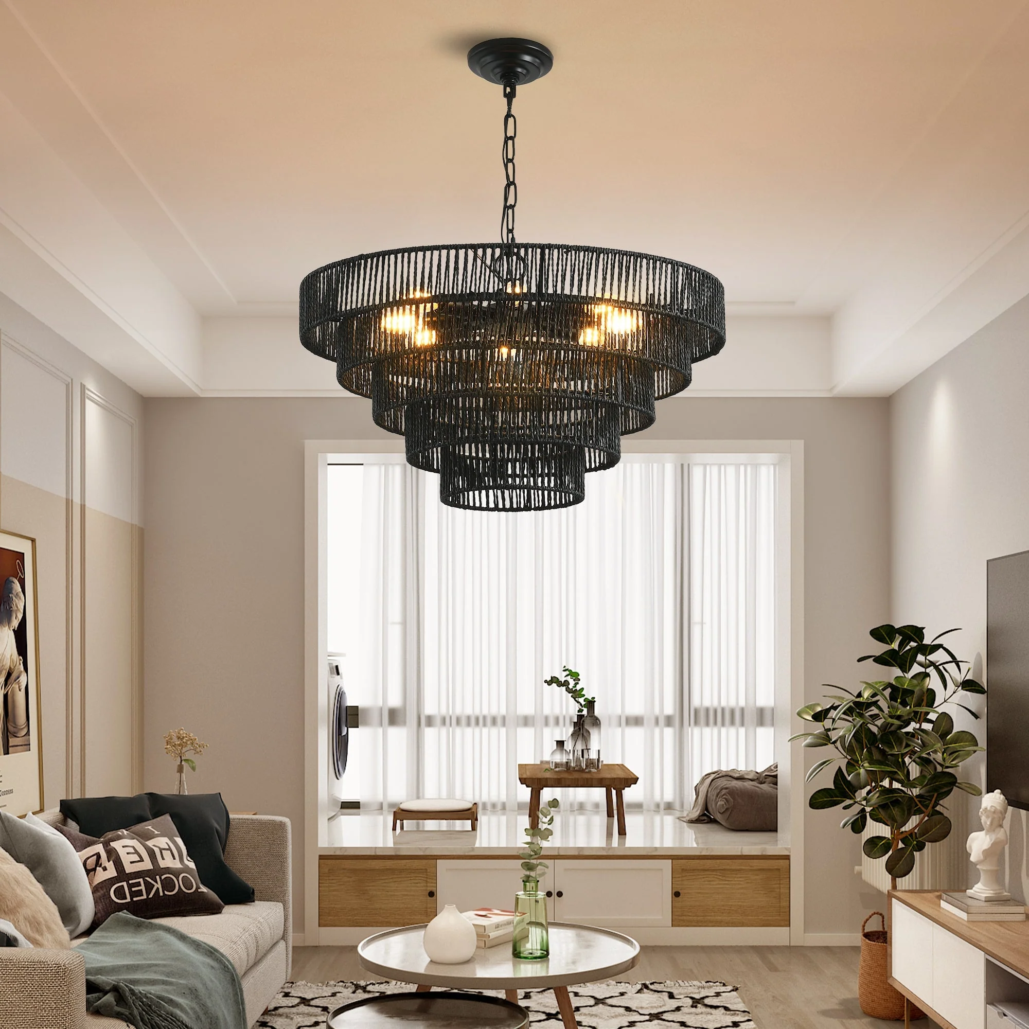 24' Rustic 5-Tier Black Hemp Rope Pendant Light Chandelier - Image 2