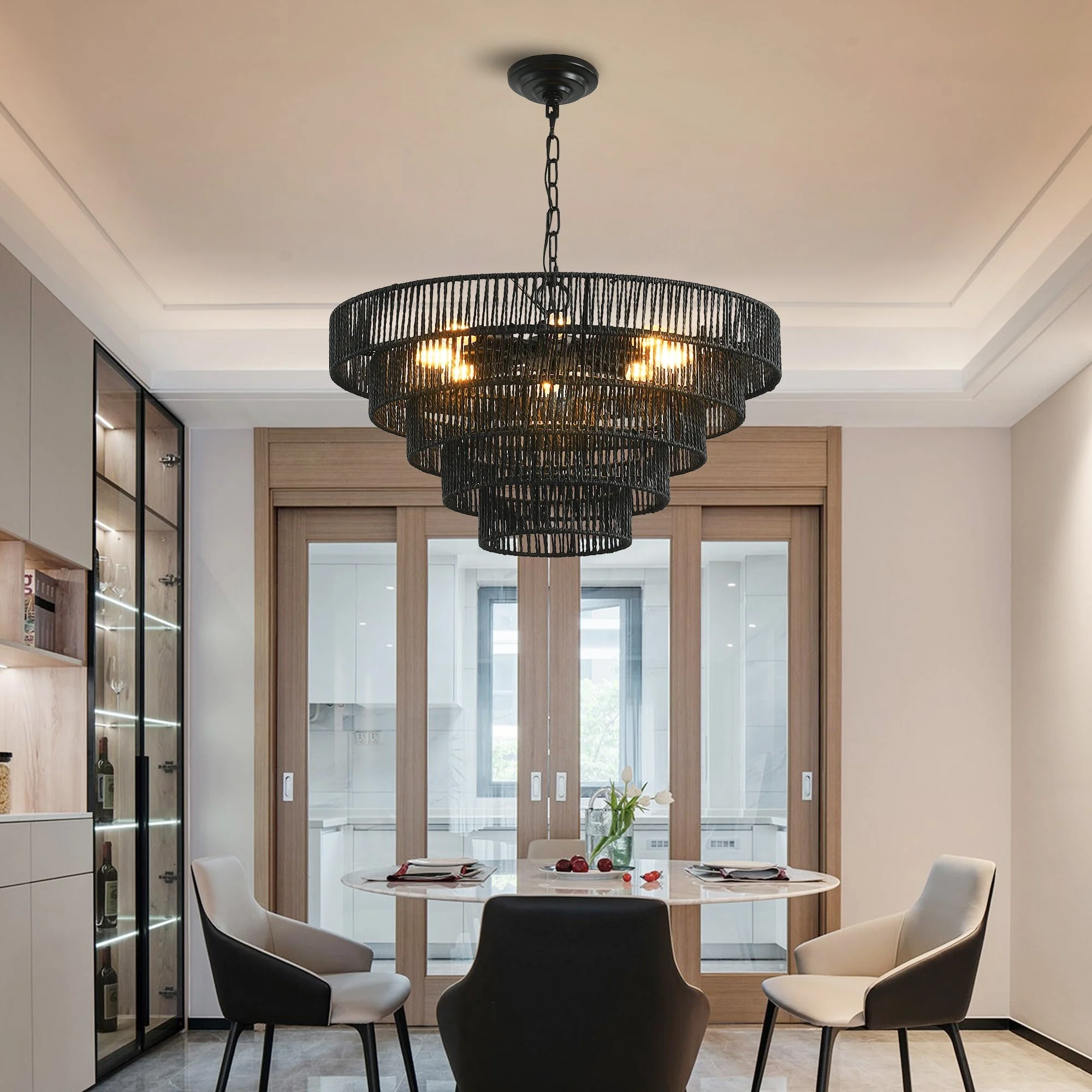 24' Rustic 5-Tier Black Hemp Rope Pendant Light Chandelier - Image 3