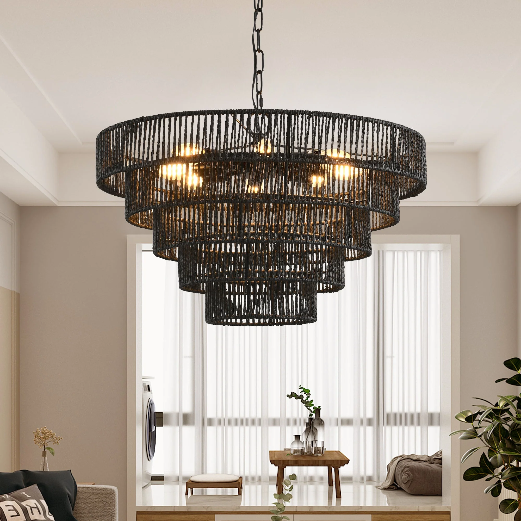 24' Rustic 5-Tier Black Hemp Rope Pendant Light Chandelier - Image 4