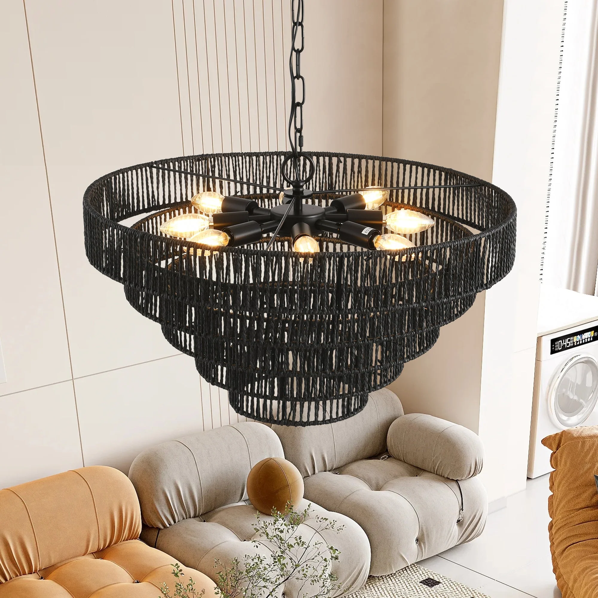24' Rustic 5-Tier Black Hemp Rope Pendant Light Chandelier - Image 5