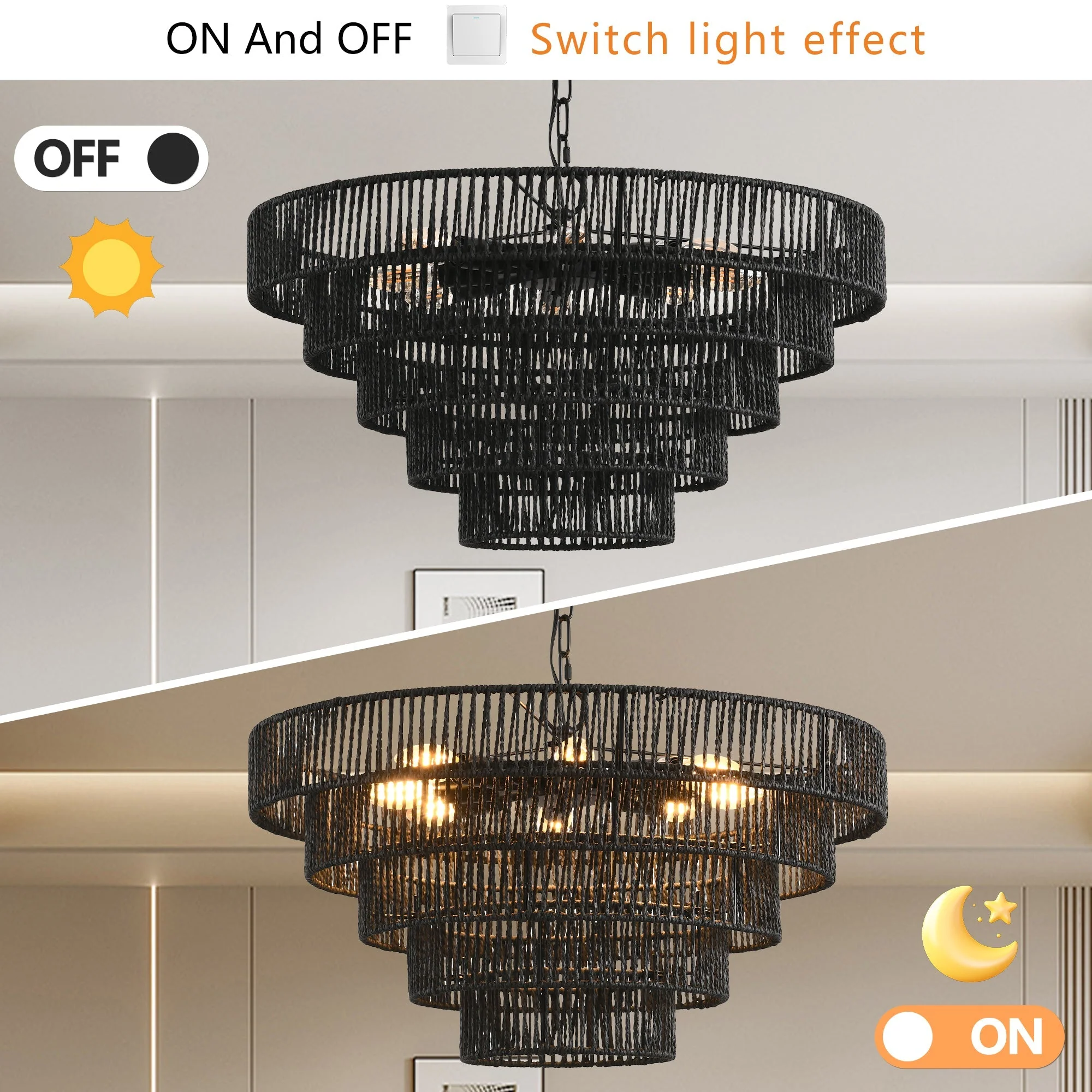 24' Rustic 5-Tier Black Hemp Rope Pendant Light Chandelier - Image 6
