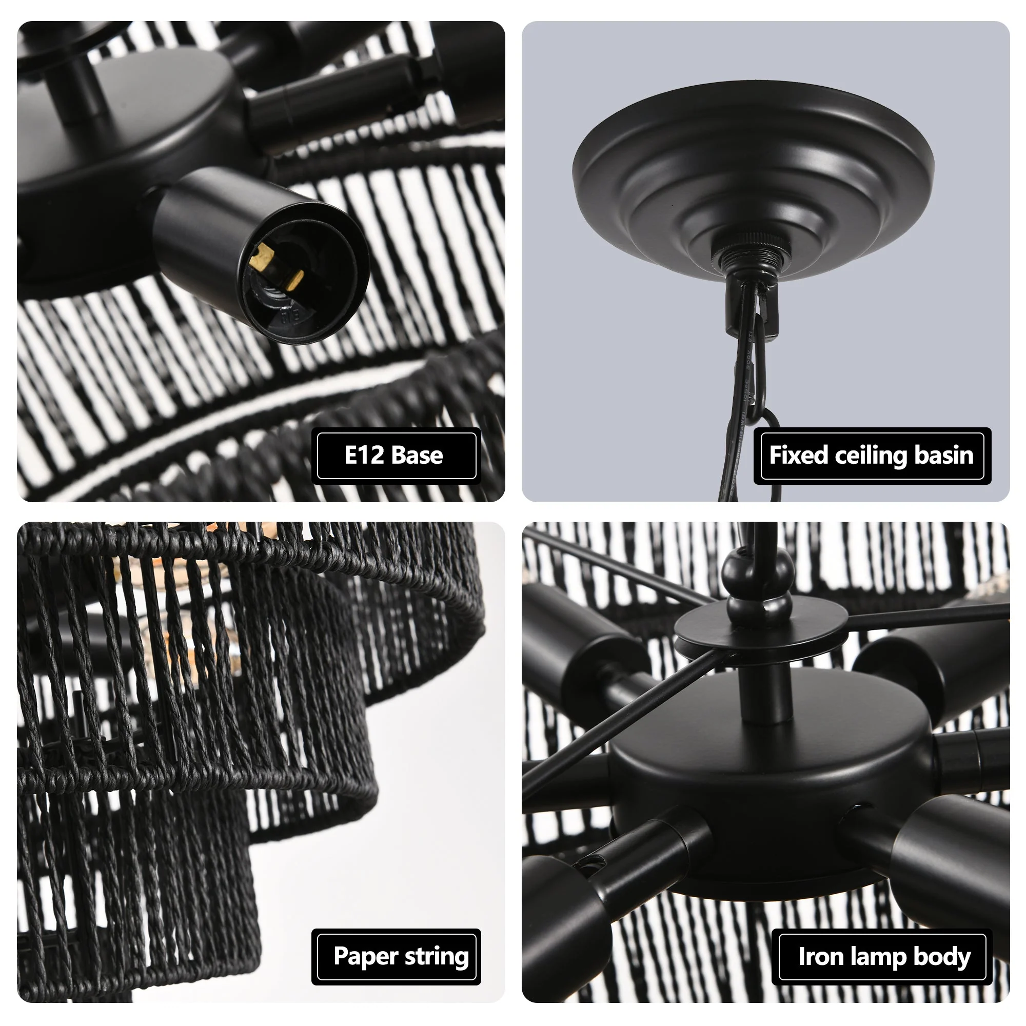 24' Rustic 5-Tier Black Hemp Rope Pendant Light Chandelier - Image 7