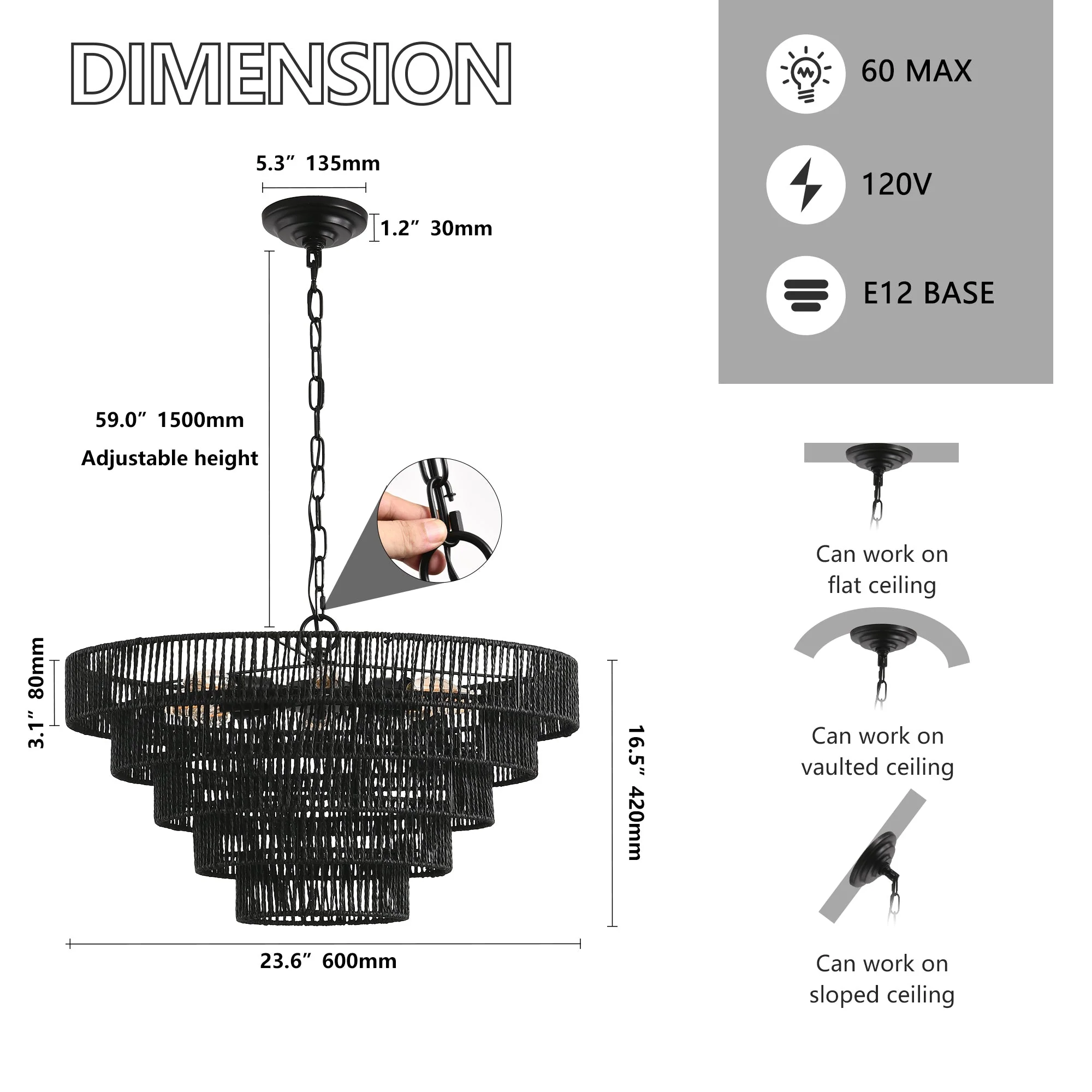 24' Rustic 5-Tier Black Hemp Rope Pendant Light Chandelier - Image 9