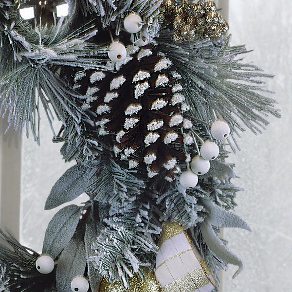 24" Silver & Gold Frosted Fir Wreath - Image 4