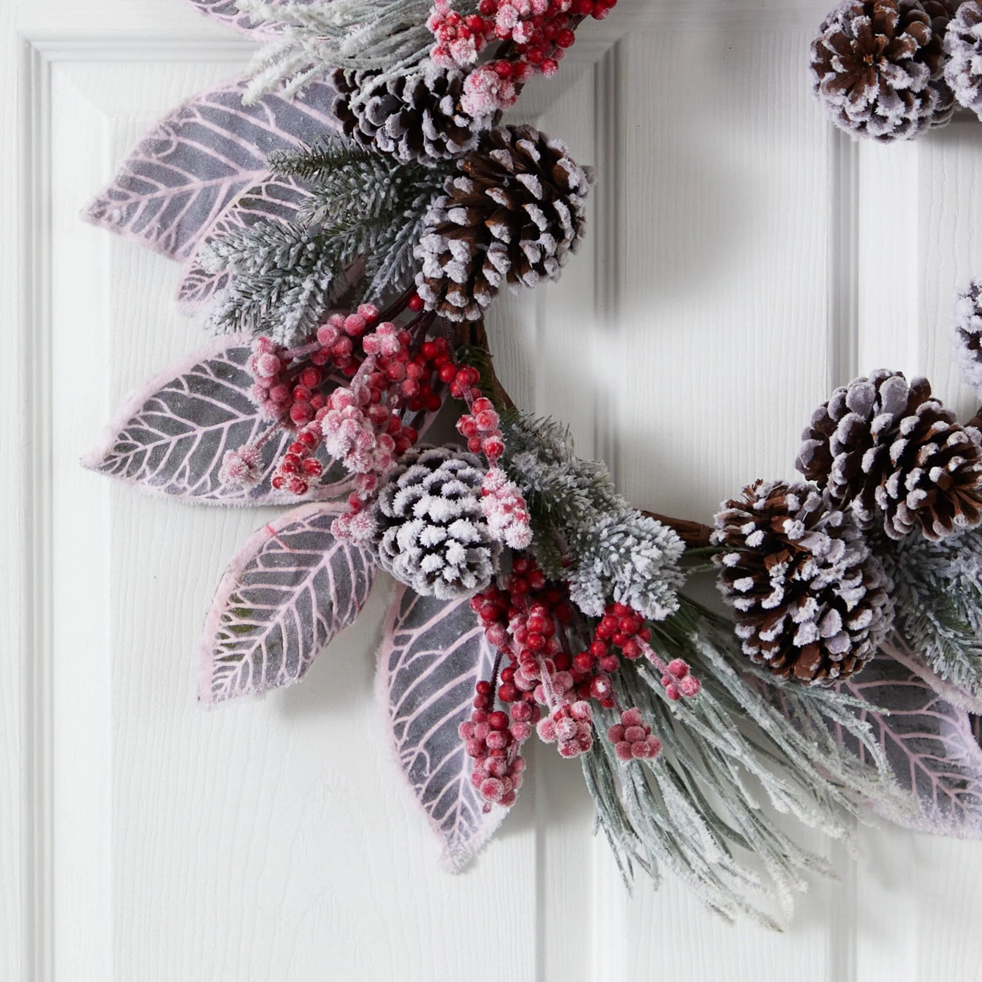 24” Snowy Magnolia Berry Artificial Wreath - Image 2