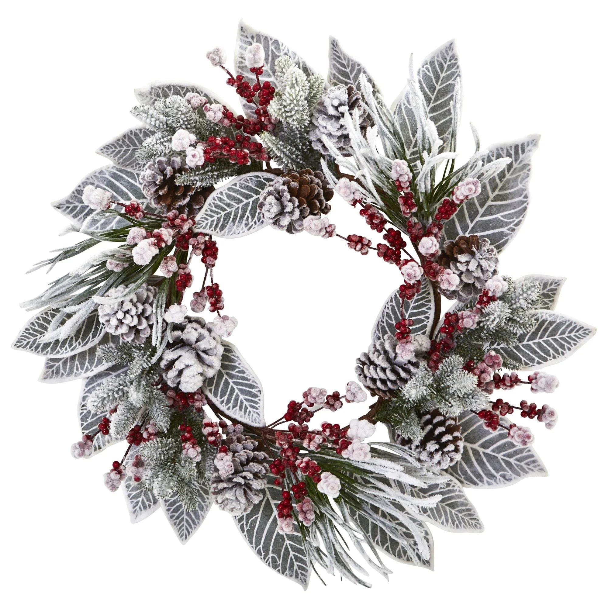 24” Snowy Magnolia Berry Artificial Wreath - Image 3
