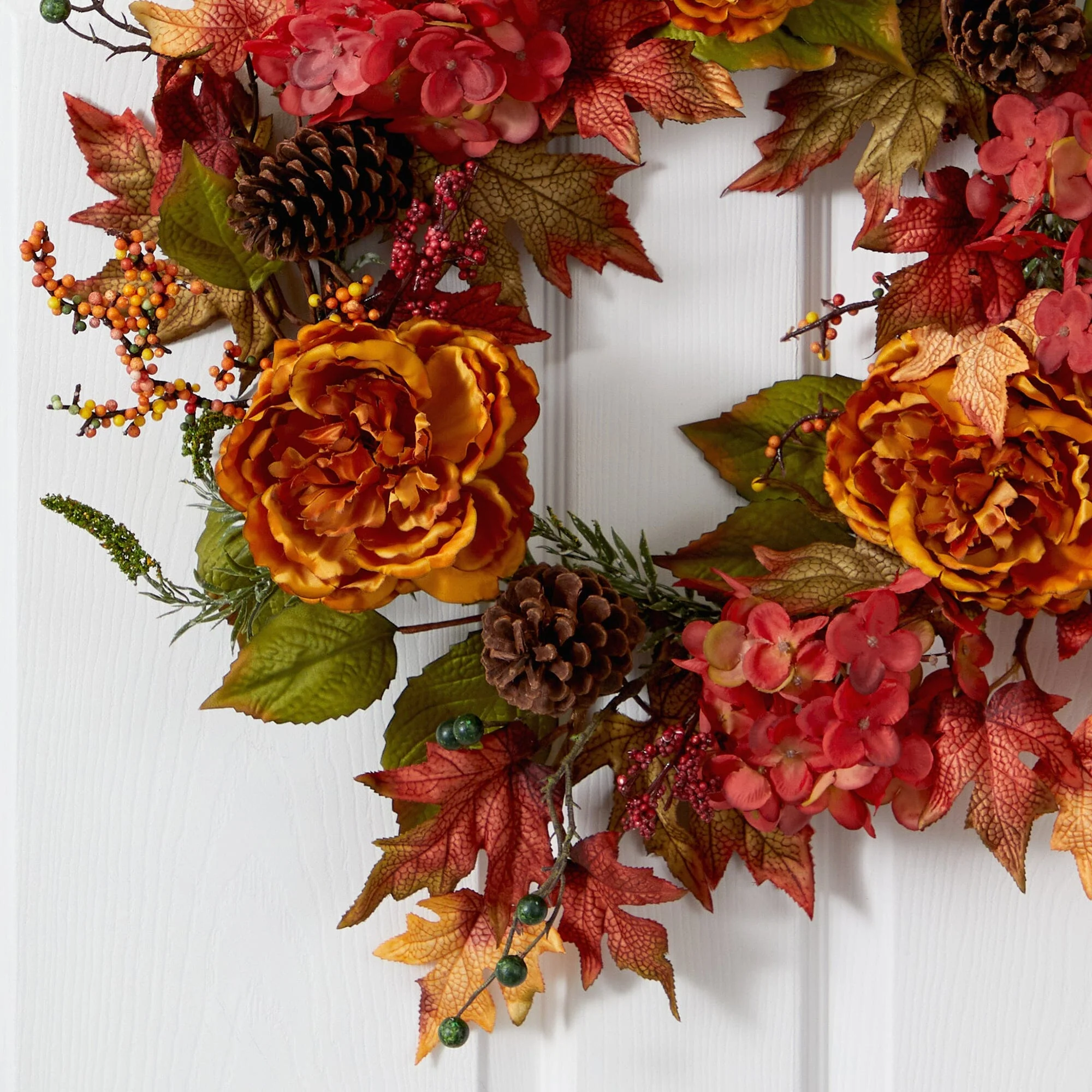 25” Fall Ranunculus, Hydrangea and Berries Autumn Artificial Wreath - Image 2