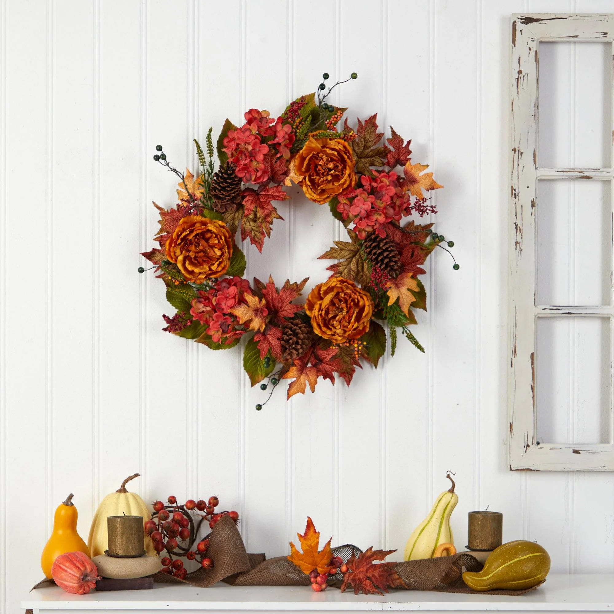 25” Fall Ranunculus, Hydrangea and Berries Autumn Artificial Wreath - Image 3