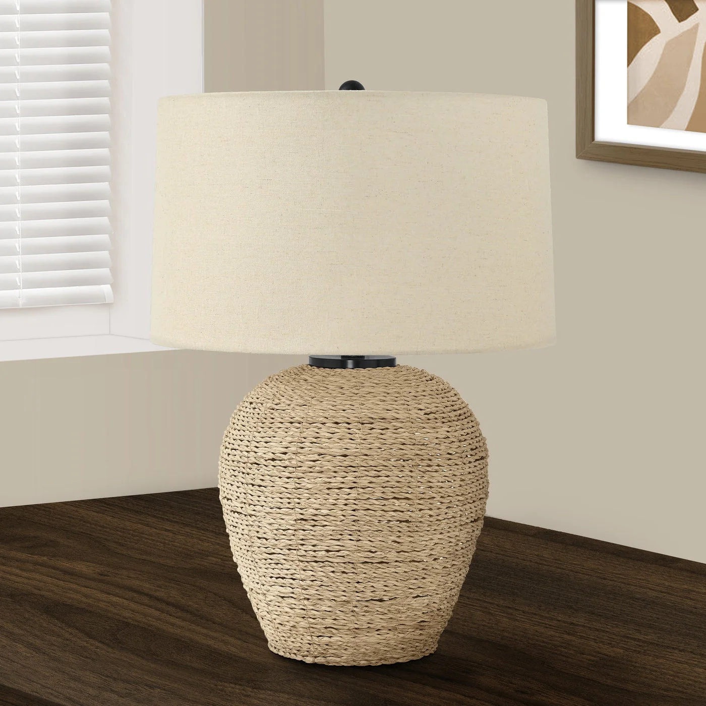 25" Table Lamp with Rattan Base and Linen Drum Shade - Image 2